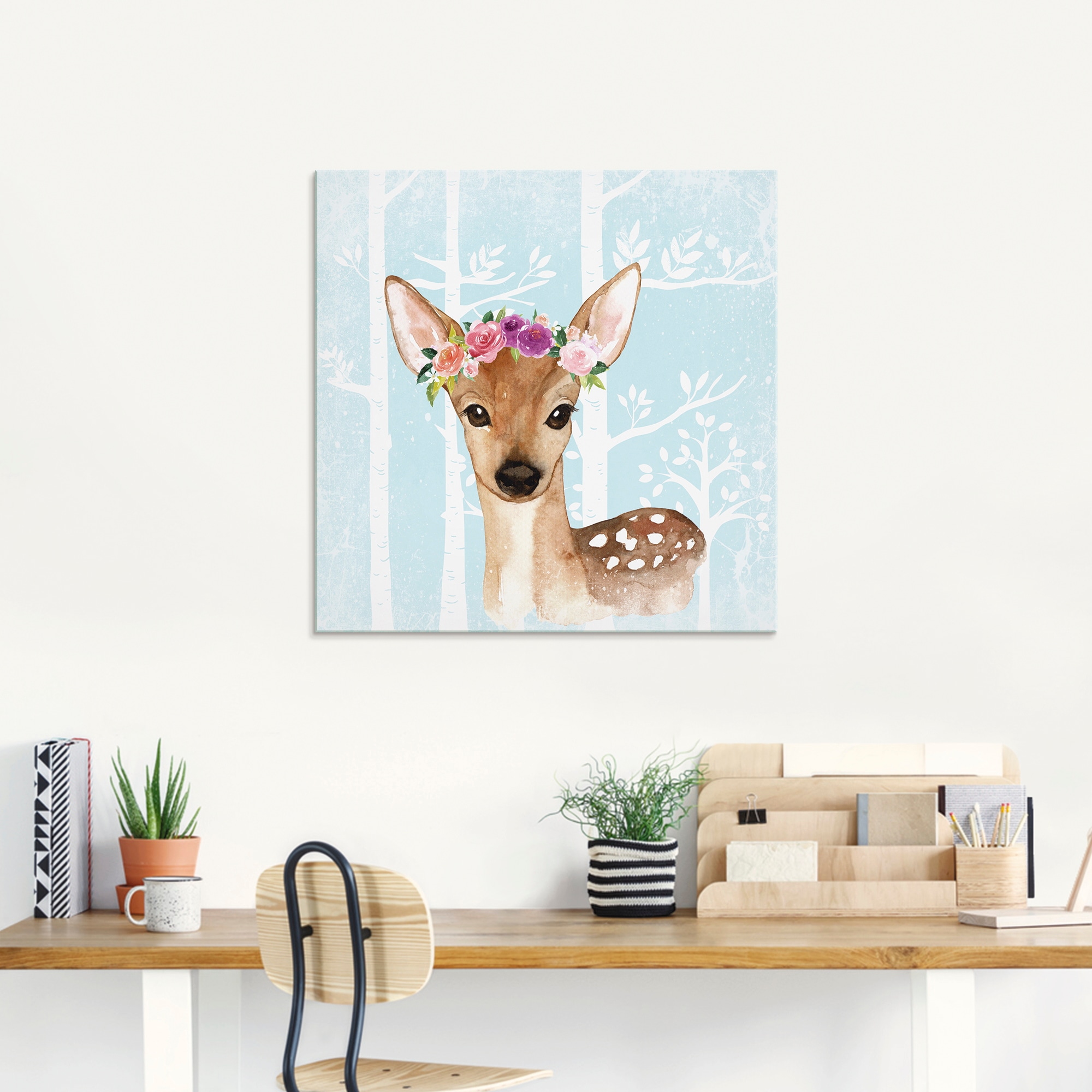 Artland Glasbild »Wild Reh mit Blumen im blauen Wald«, Tiere, (1 St.), in verschiedenen Größen