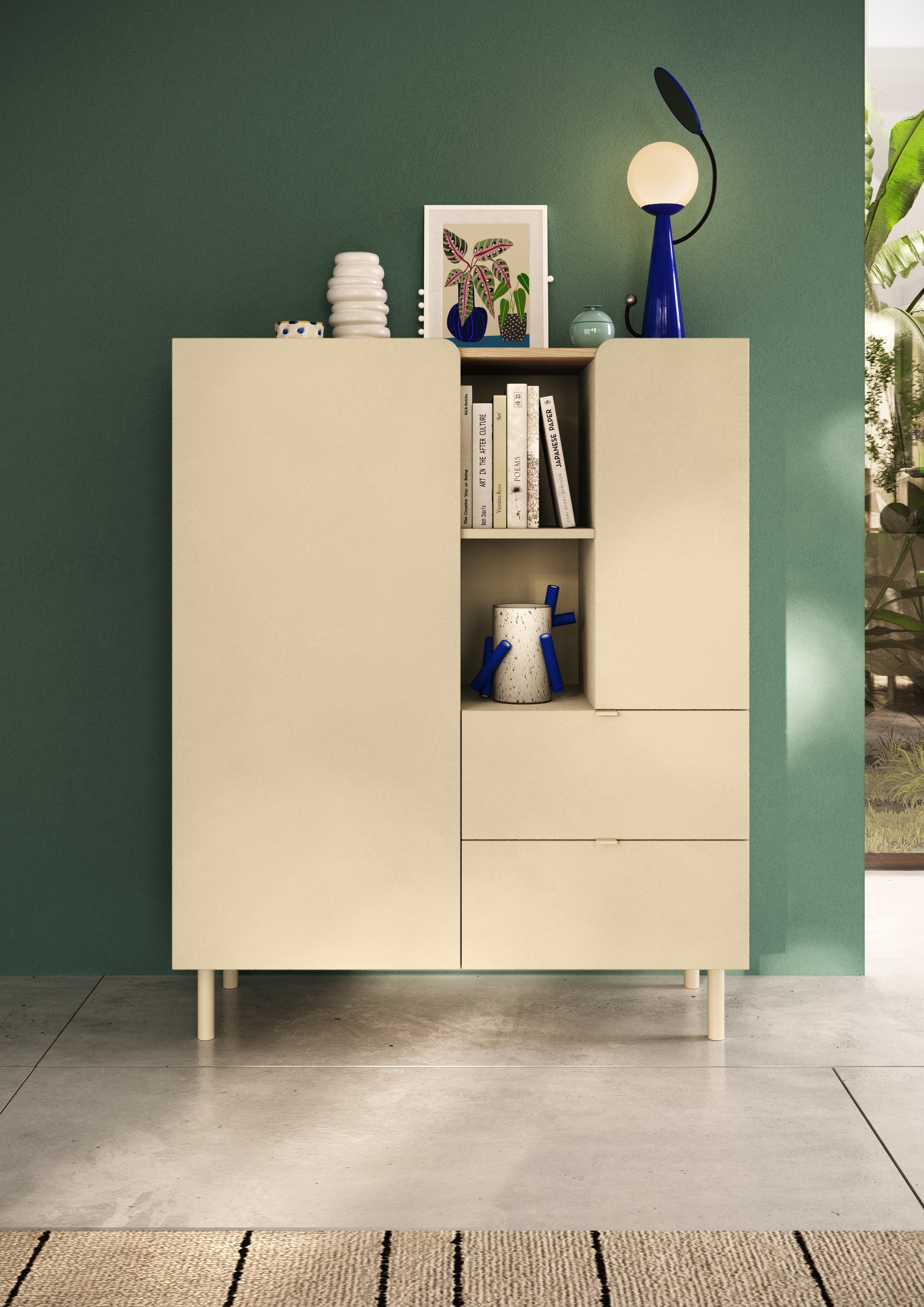OTTO home Highboard »Dobbiaco, B/H 101/124 cm, 2 Türen, 2 Schubkästen, Stauraumschrank« Innenliegendes Top, gerade Metallfüße, Tür mit Rundung