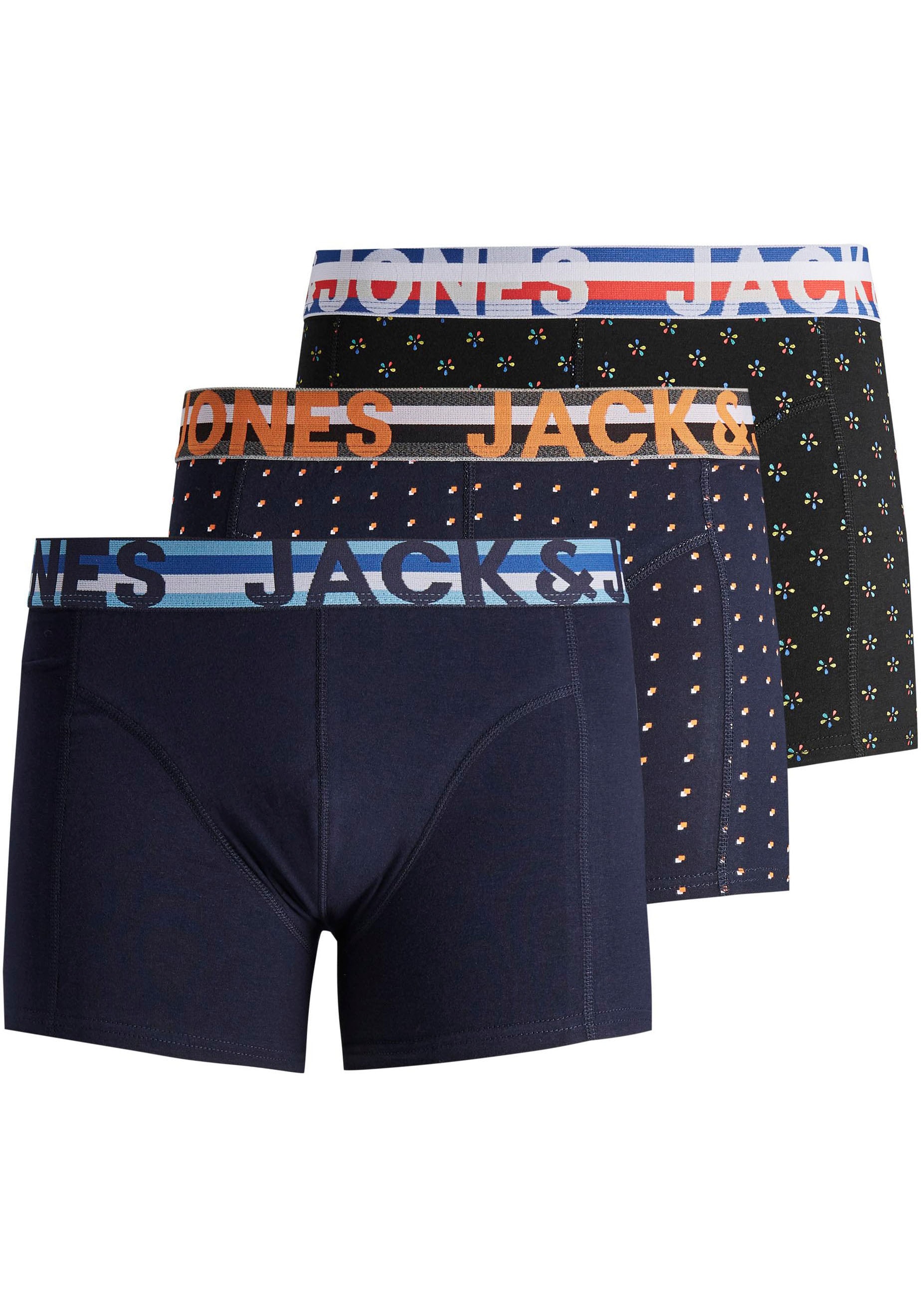 JACK & JONES Herren Trunk "JACHENRIK TRUNKS 3 PACK NOOS", Gr. XL, schwarz, Jersey, Obermaterial: 95% Baumwolle, 5% Elasthan, bedruckt, unifarben,