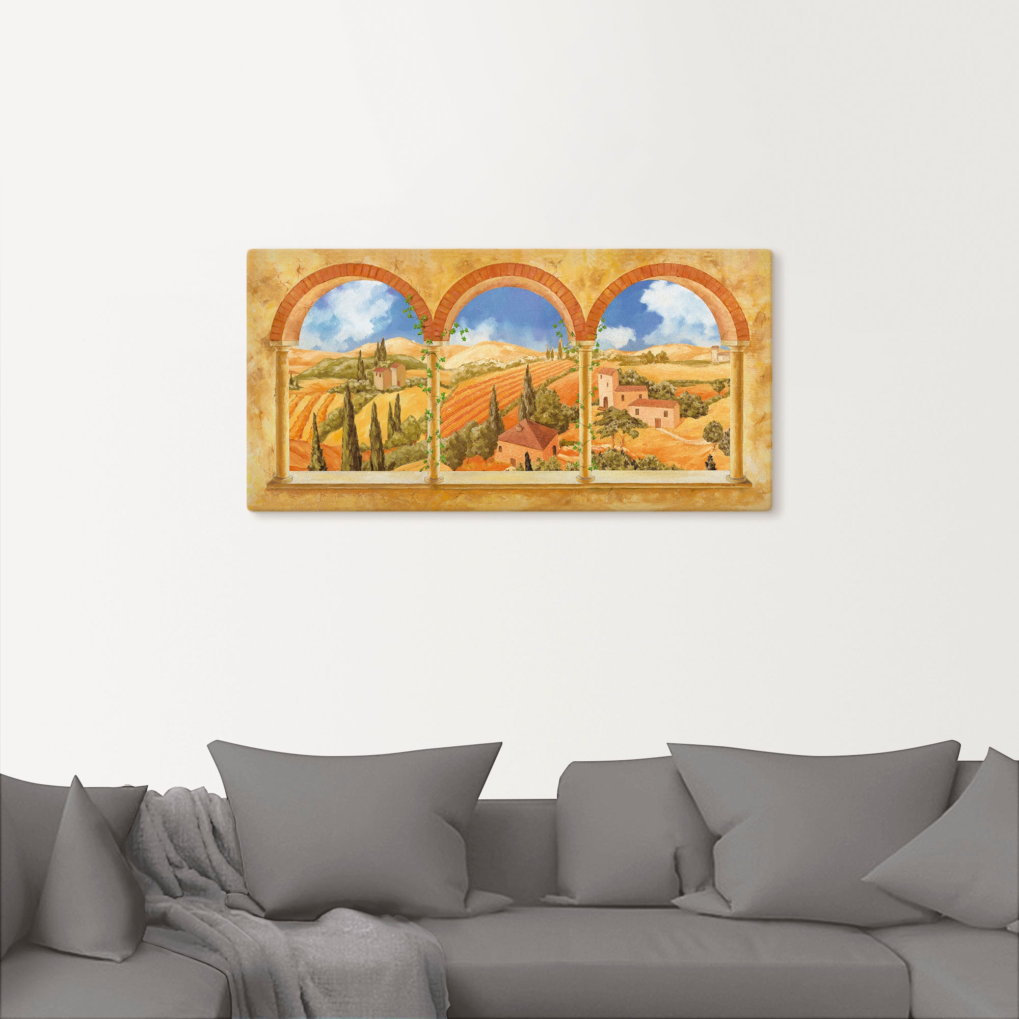 Artland Wandbild »Drei Torbögen mit Blick in die Toskana«, Fensterblick, (1 St.), als Leinwandbild, Wandaufkleber in verschied. Größen