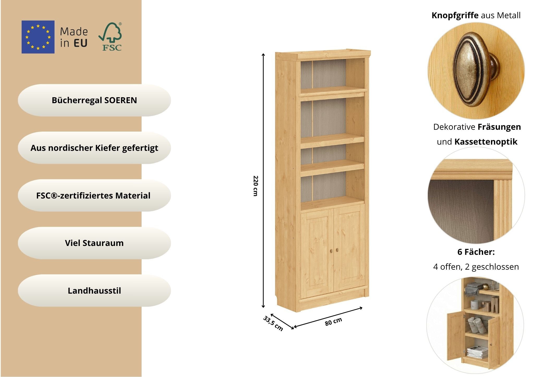OTTO home Bücherregal »Soeren« aus massiver Kiefer, FSC®-zertifiziert, Tiefe 33,5 cm