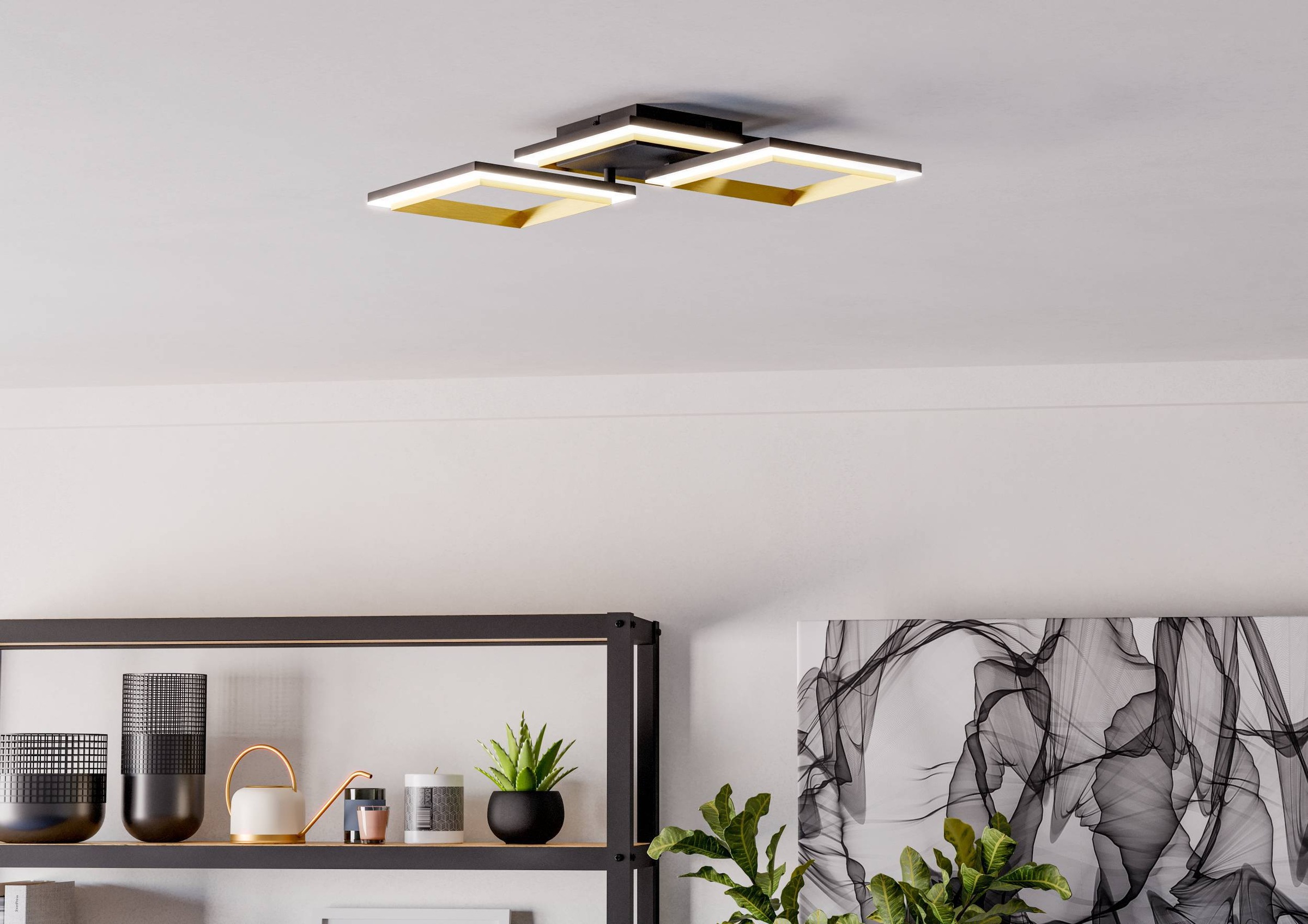 EGLO Deckenleuchte »Calliera Deckenlampe, Metall und Kunststoff, Bürolampe Decke, Lampe« LED-Modul 1 Stk. Neutralweiß Wand-/Deckenleuchte - L59,5 x B31 x H9 cm - schwarz, messing