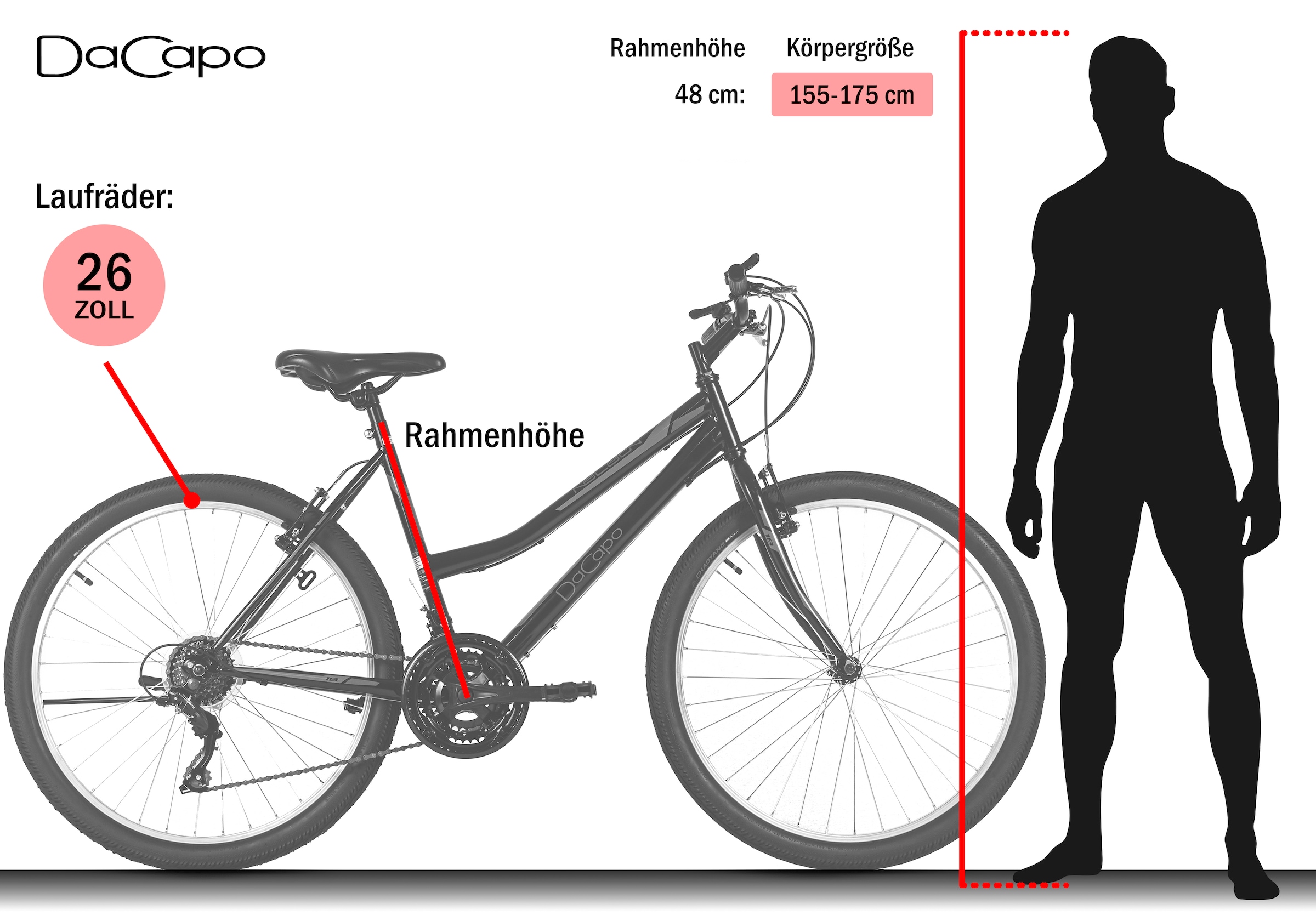 Dacapo Mountainbike »Damen-Mountainbike 26'' Nelson Schwarz 18 Gänge RH 48 cm« 18 Gang Shimano Tourney Schaltwerk Kettenschaltung