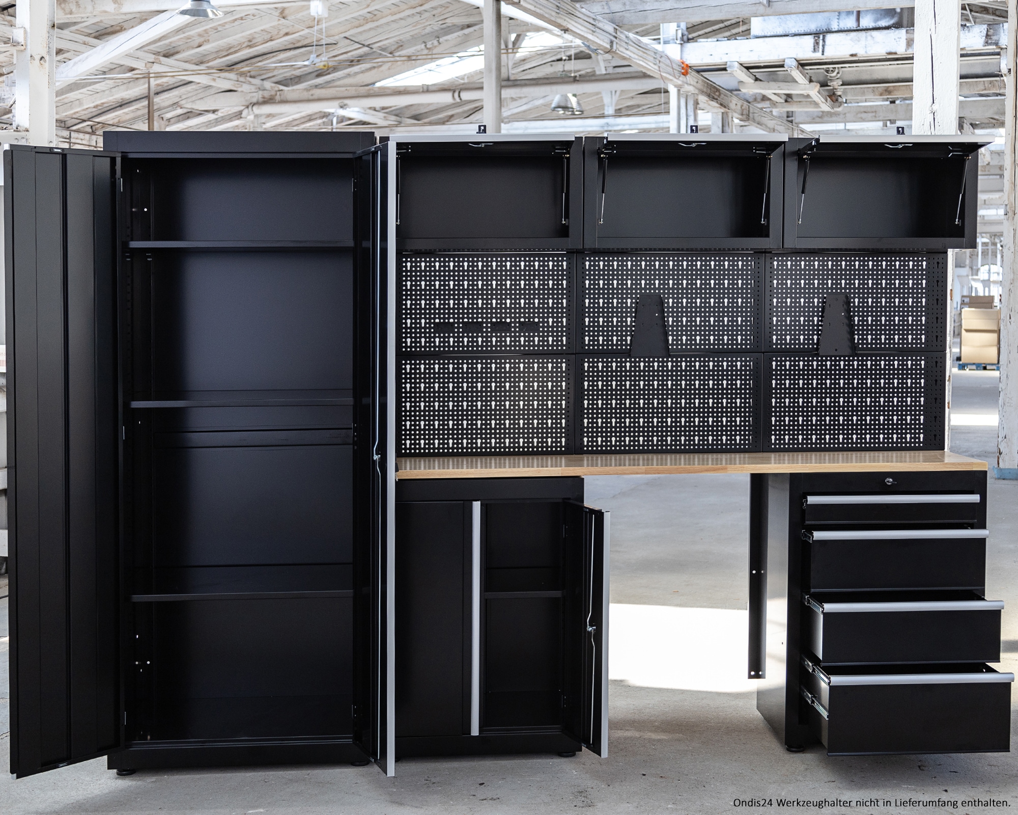 ONDIS24 Werkstatt-Set »Männerküche 260cm, Schwarz« 8 tlg. tlg. teilvormontiert, viel Stauraum, robuste Fläche, Stahl, frei stellbar