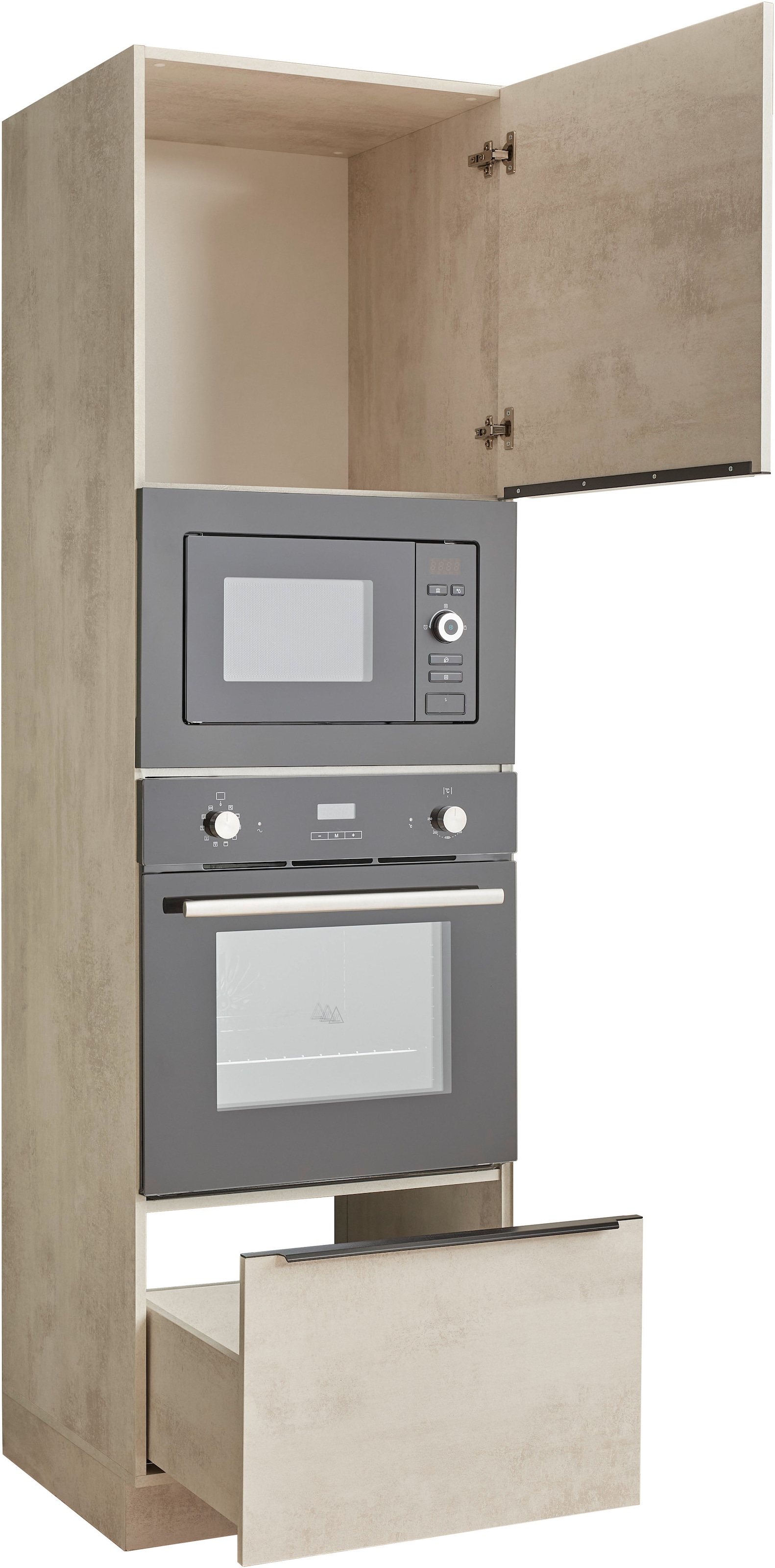 BASIC by Balculina Backofenumbauschrank »Sanibel Küchenschrank, Küchenhochschrank BxHxT 60 x 210 x 58«, (1 St.), Mit 1 Tür und 1 Auszug, 2 offene Fächer für Backofen und Mikrowelle
