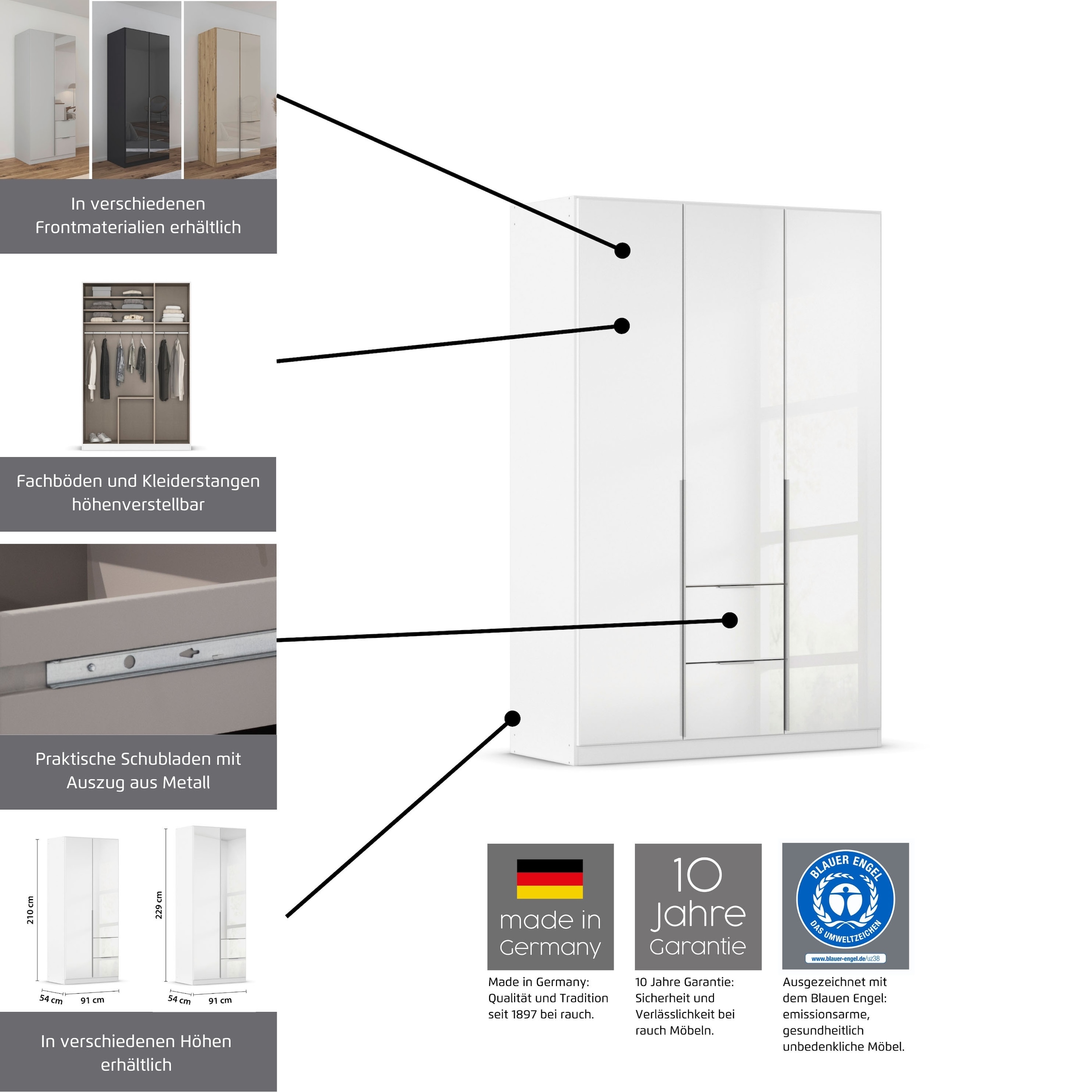 OTTO home Drehtürenschrank »Kleiderschrank Schrank Garderobe AGORDO mit Dekor- oder Hochglanzfront« in zwei Griff-Farben, Breite 91 cm,  mit Außenschubkästen, Serie in 7 Breiten und 2 Höhen MADE IN GERMANY