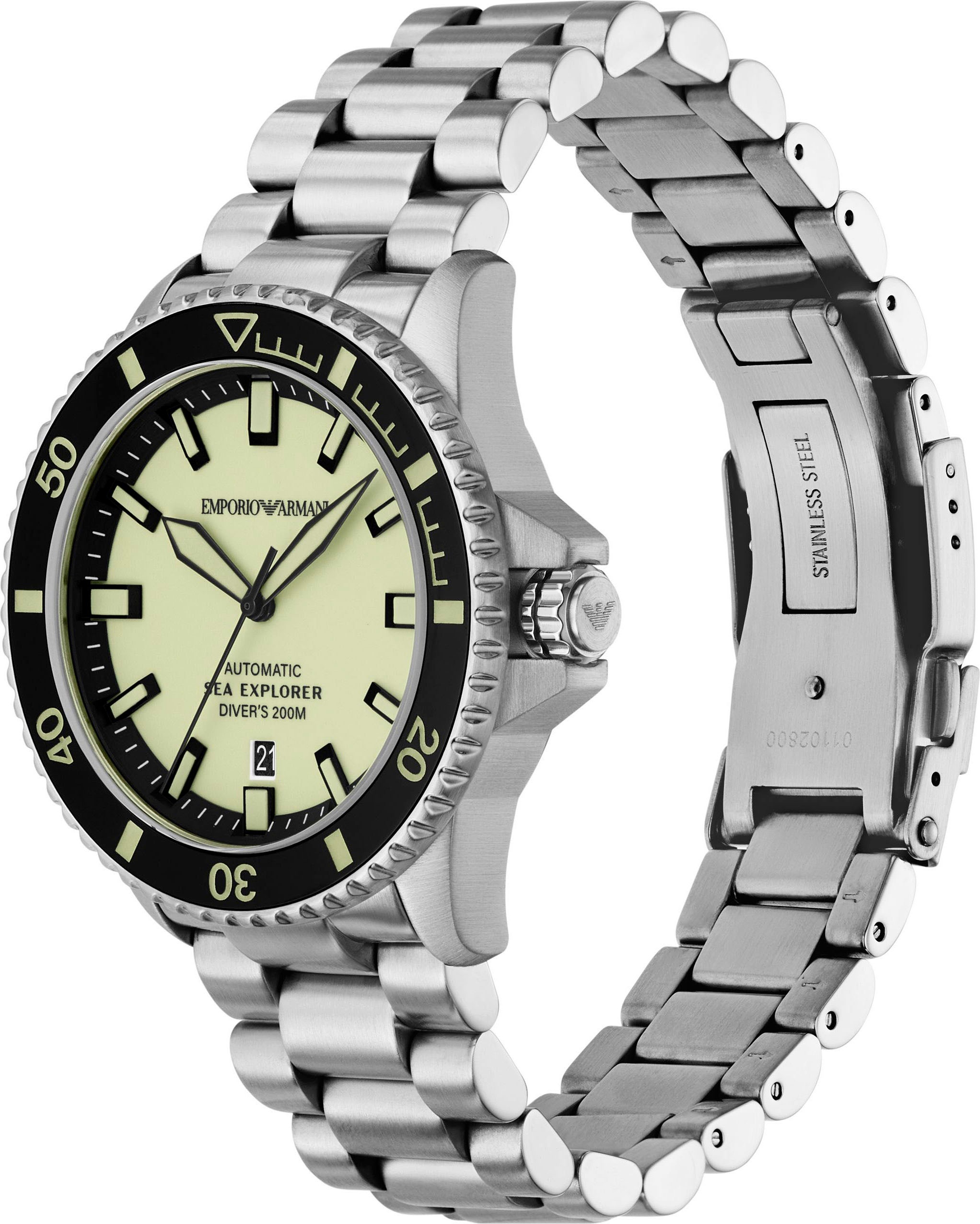 Emporio Armani Automatikuhr, Armbanduhr, Herrenuhr, Mechanische Uhr, Edelstahlarmband, analog, Tag