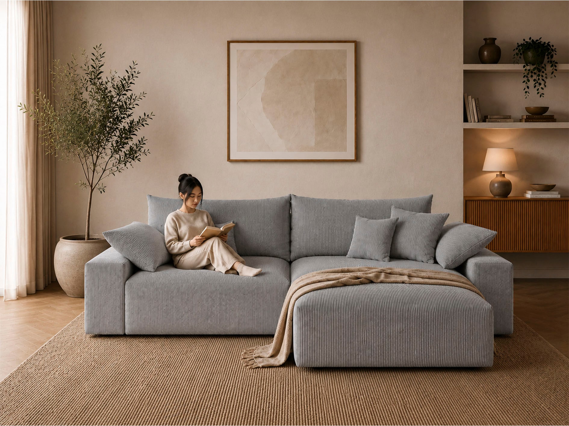 OTTO home Ecksofa "Amici L-Form, B: 302 cm, Mega-Sofa in Boucle und Cord" Couch mit Federkern & 6 Zierkissen, frei stellbar