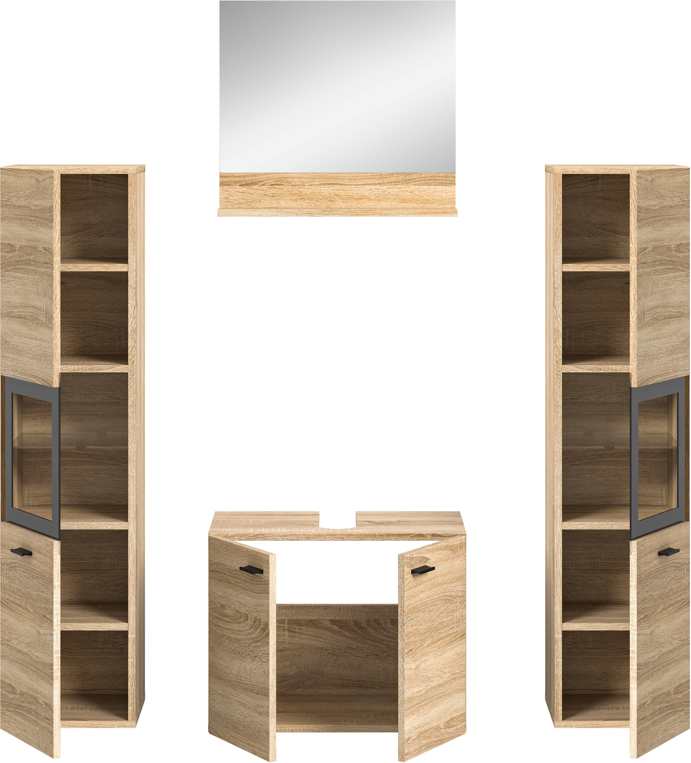 welltime Badmöbel-Set »Tampa, Breite 137cm, 4-teilig«, (4 St.), Waschbeckenunterschrank, Spiegel, Hochschrank