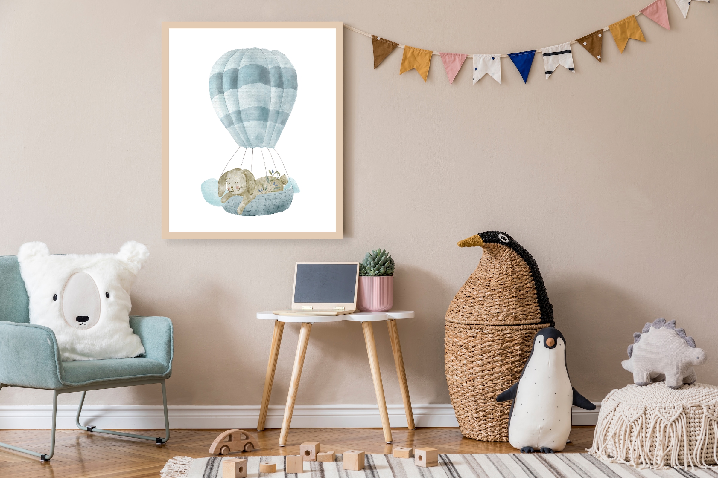 Lüttenhütt Bild mit Rahmen "oder Poster, Schlafender Hase in Heißluftballon" Ballonfahren Fantasy Heißluftballon Tiere 1 Stk. tlg. HD Premium Druck