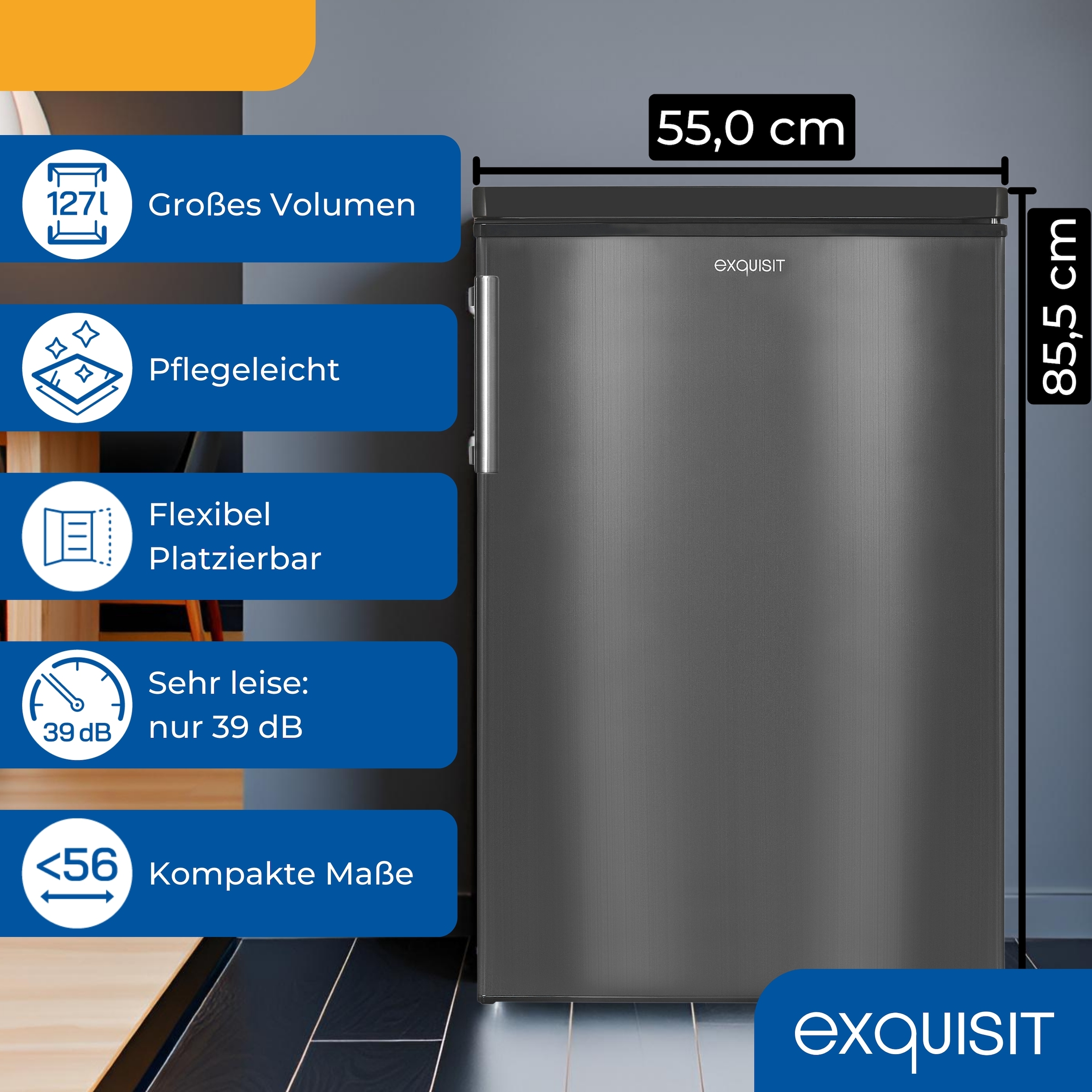 exquisit Kühlschrank KS16-V-H-040E inoxlook-az »KS16-V-H-040E inoxlook-az« 85,5 cm hoch 55 cm breit