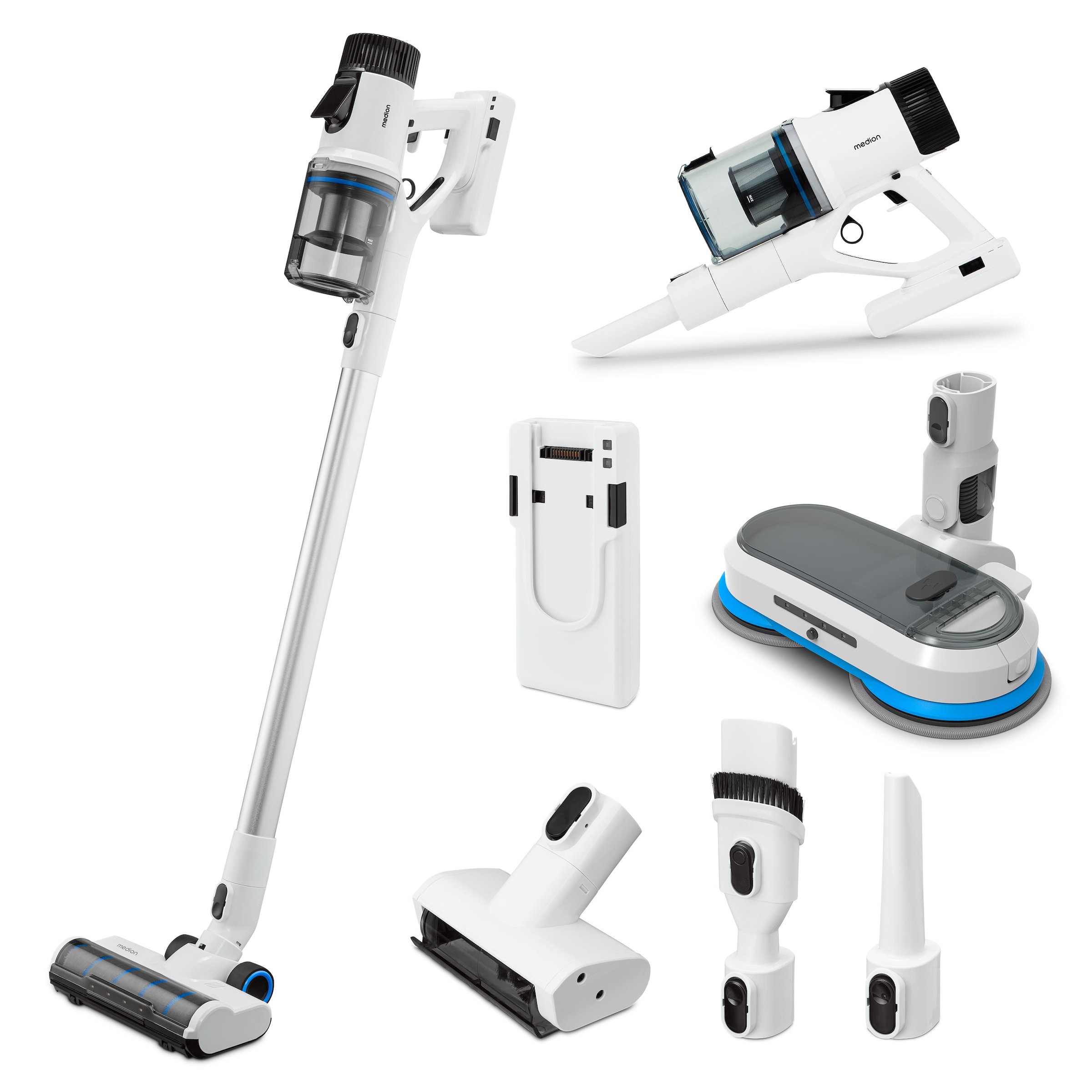 Medion® Akku-Stielstaubsauger »P400 W+ (MD 11860), elektrischer Wischaufsatz, 26 kPa Saugleistung«, LED-Touch-Display, Staubsensor, Wechselakku, integriertes Zubehör