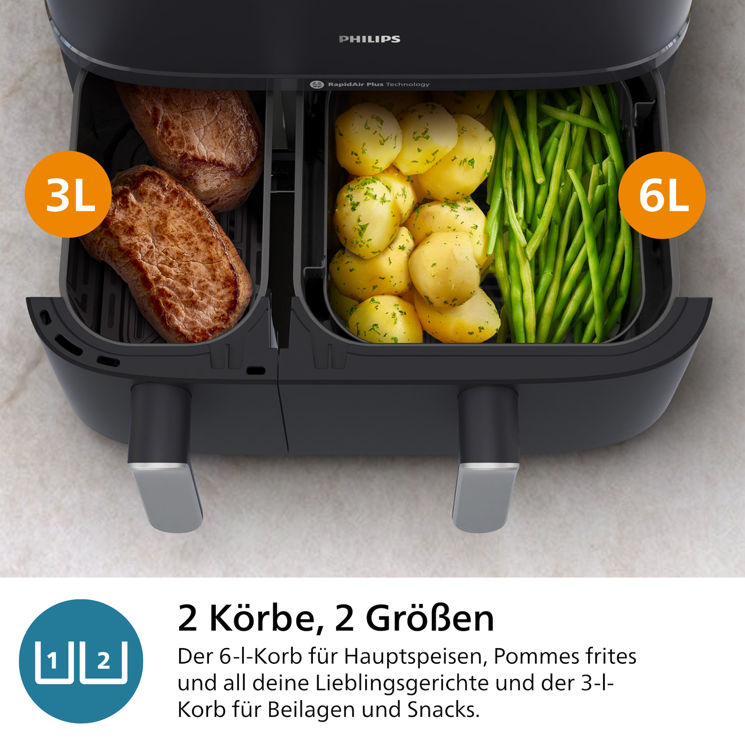 Philips Heißluftfritteuse »Steam Airfryer 5000 Dual Basket NA555/00, Airfryen & Dampfgaren, 3L+6L«, 2750 W, RapidAir Plus Technologie und 19 Kochfunktionen; Silber/Edelstahl