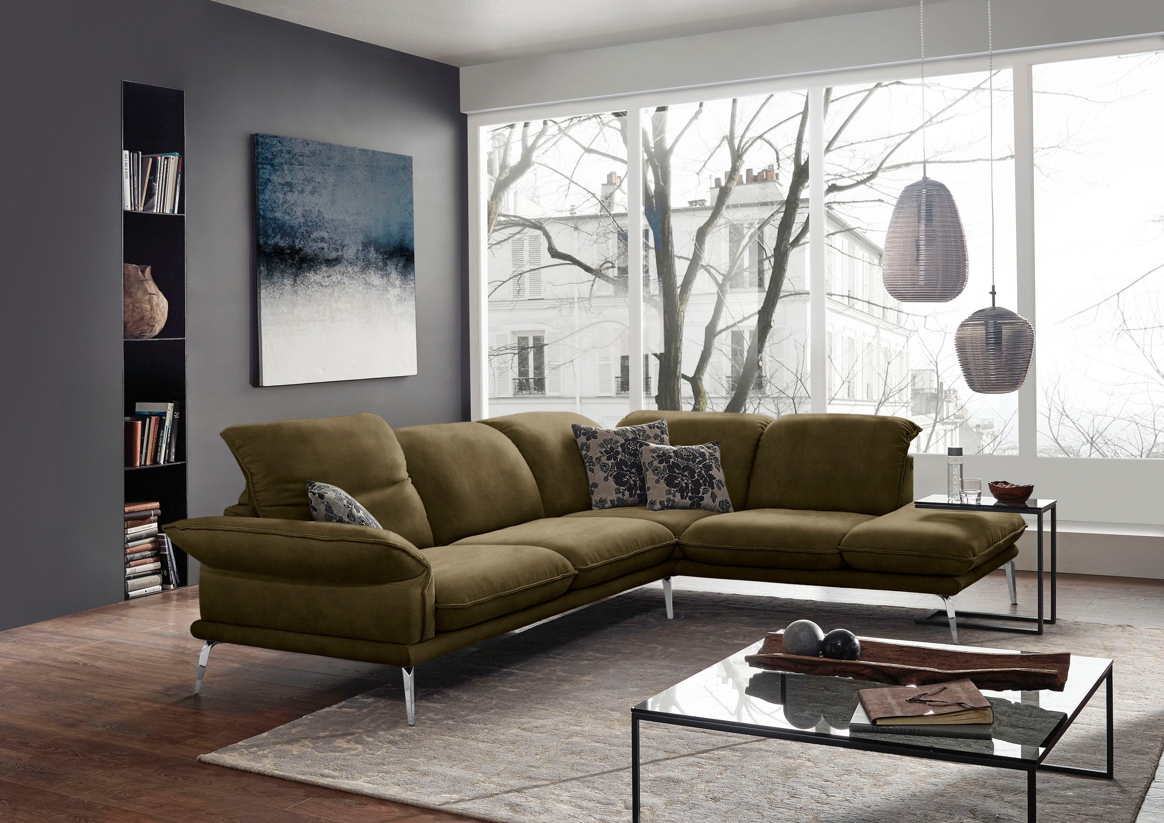 Ecksofa »sherry«, mit Kopfstützenverstellung, Metallfüße, Chrom glänzend, Breite 302 cm