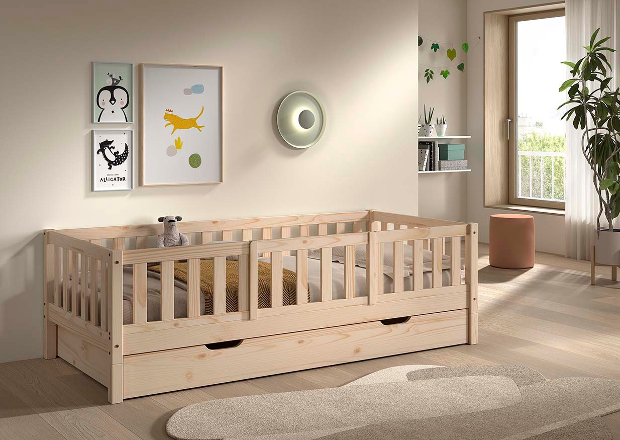 Vipack Daybett »Dallas Massiv Bett mit Rausfallschutz umbaubar vom Boden- zum Daybett« mit Bettschublade, wahlweise Kiefer massiv natur oder weiß