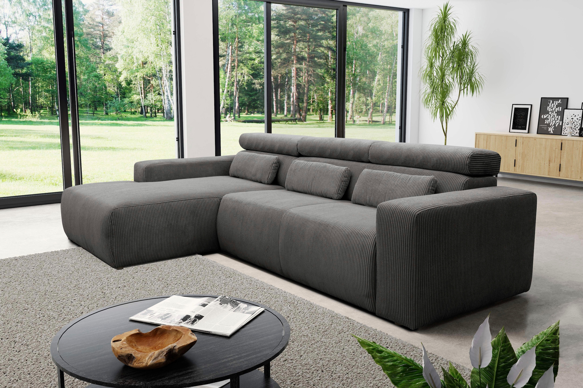 DOMO collection Ecksofa "BRANDON 289x177 cm, belastbar bis 140 kg/Sitz, L-Form" mit Sitztiefenverstellung, Cord, grau