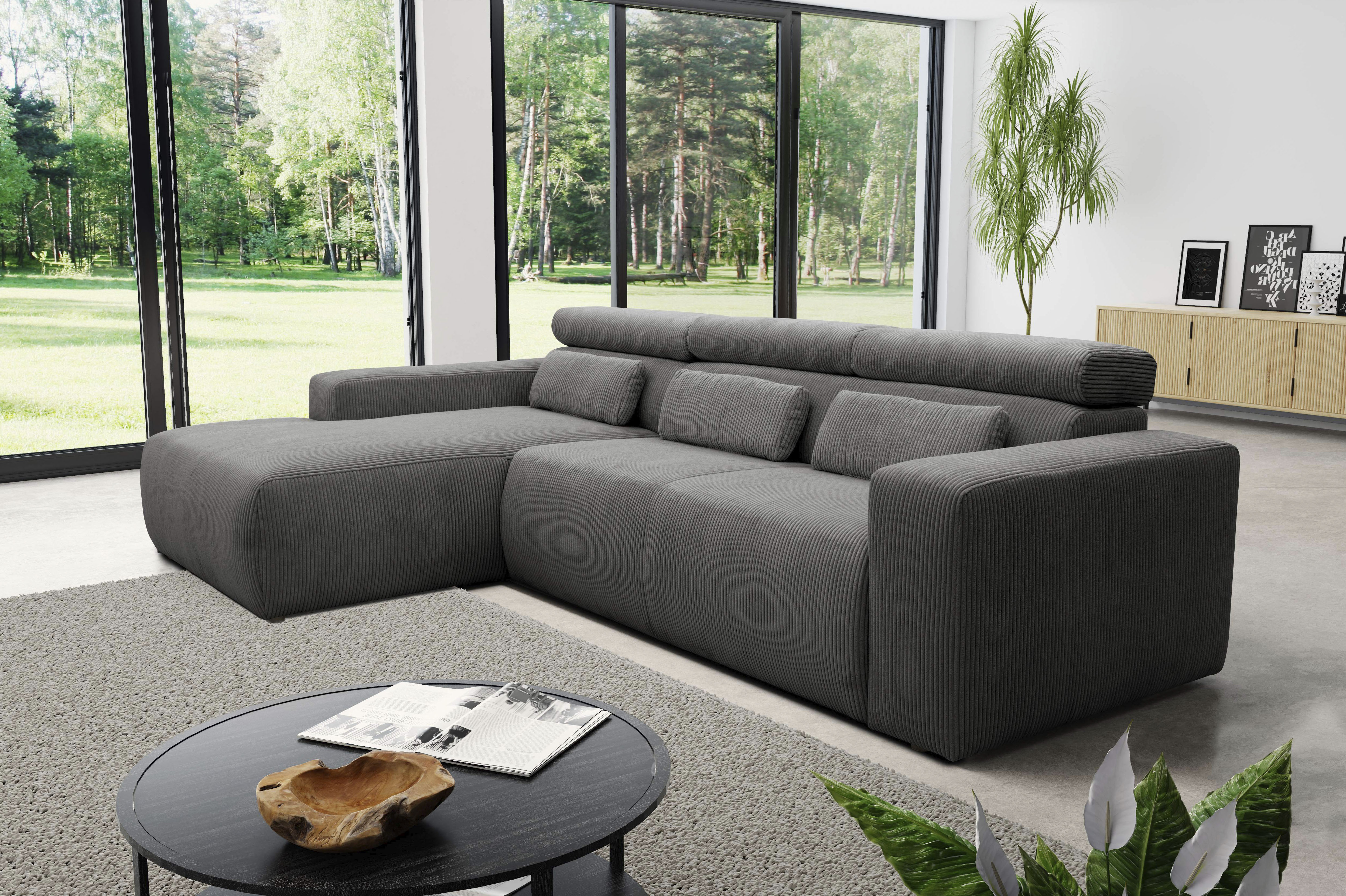DOMO collection Ecksofa "BRANDON 289x177x80 cm, whlw. mit Sitztiefenverstellung, L-Form" mit Sitztiefenverstellung, Cord, grau