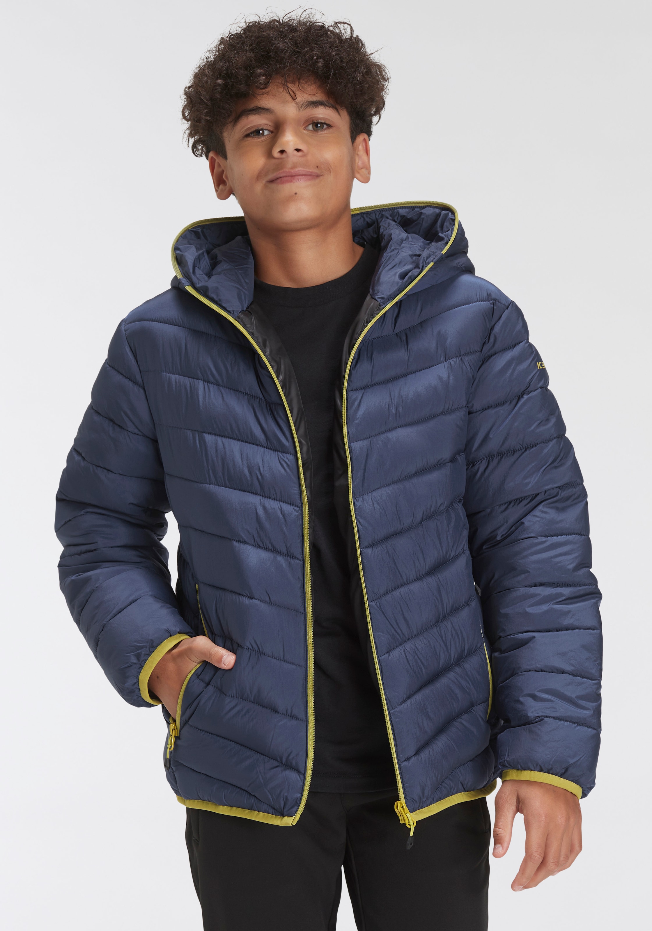 Icepeak Funktionsjacke »PENIG JR mit für BAUR Kapuze, - Kinder«, Logoschriftzug Oberarm mit am kontrastfarbenem 