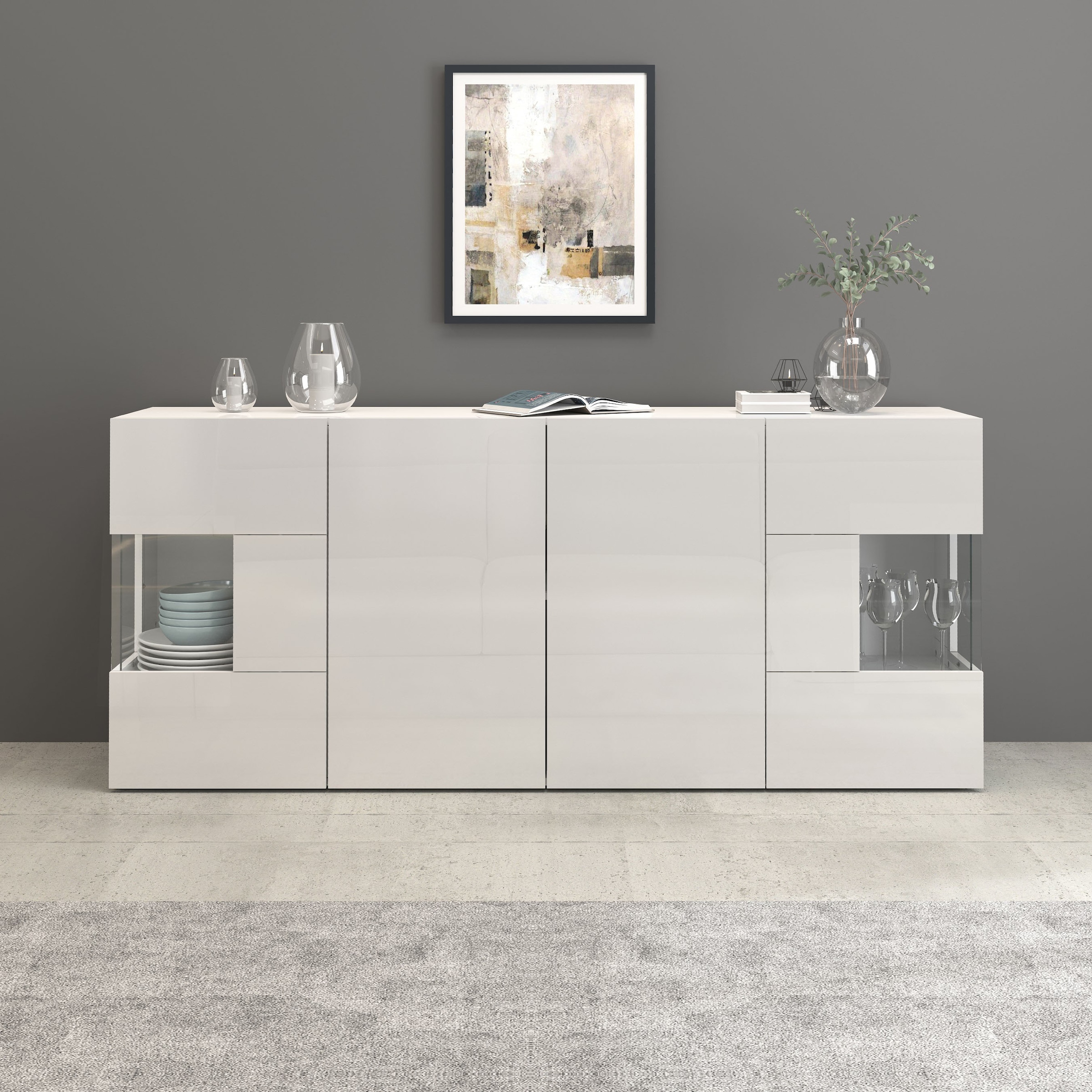 INOSIGN Sideboard »Egypt, Kommode, Schrank, Kredenz, Vitrine grifflos«, 4 Türen davon 2 mit Glaseinsatz, kompl. Hochglanz lackiert, Breite 180
