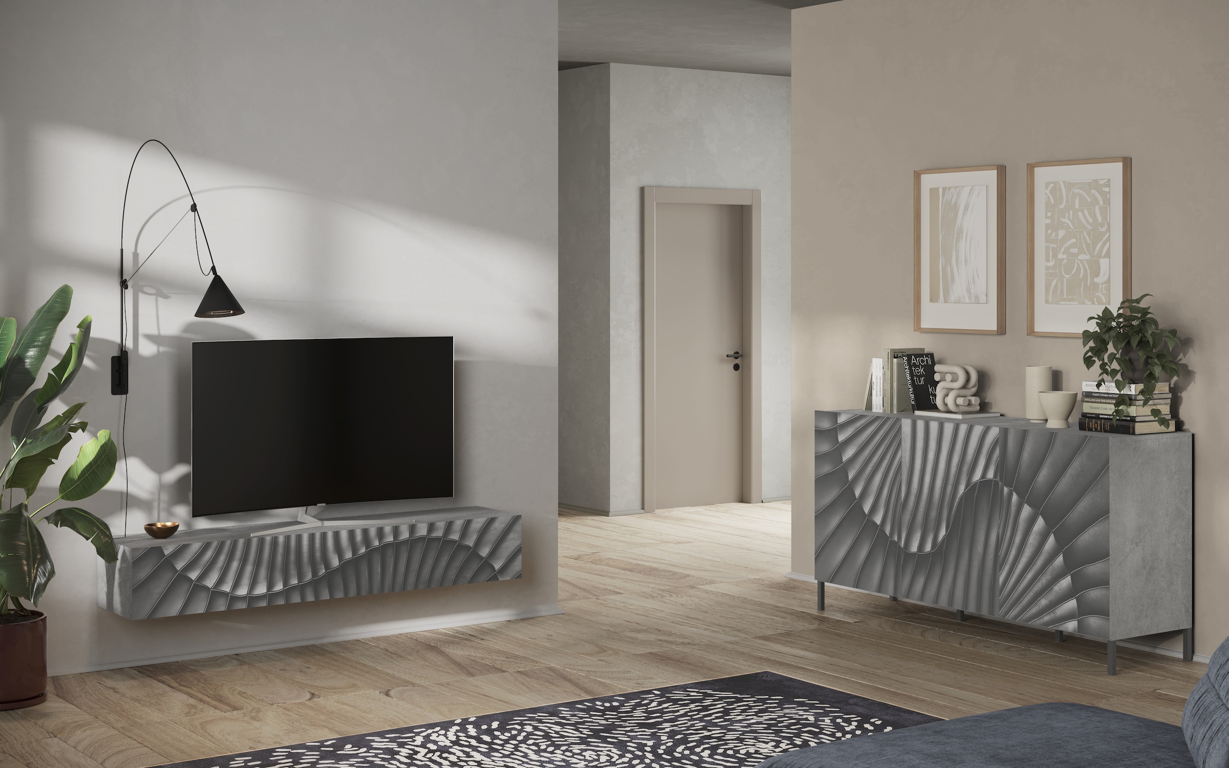 INOSIGN Lowboard »Snake Breite 180 cm, modernes TV-Board hängend mit 1 Klappe,«, TV-Möbel, TV-Schrank, Front mit Siebdruck
