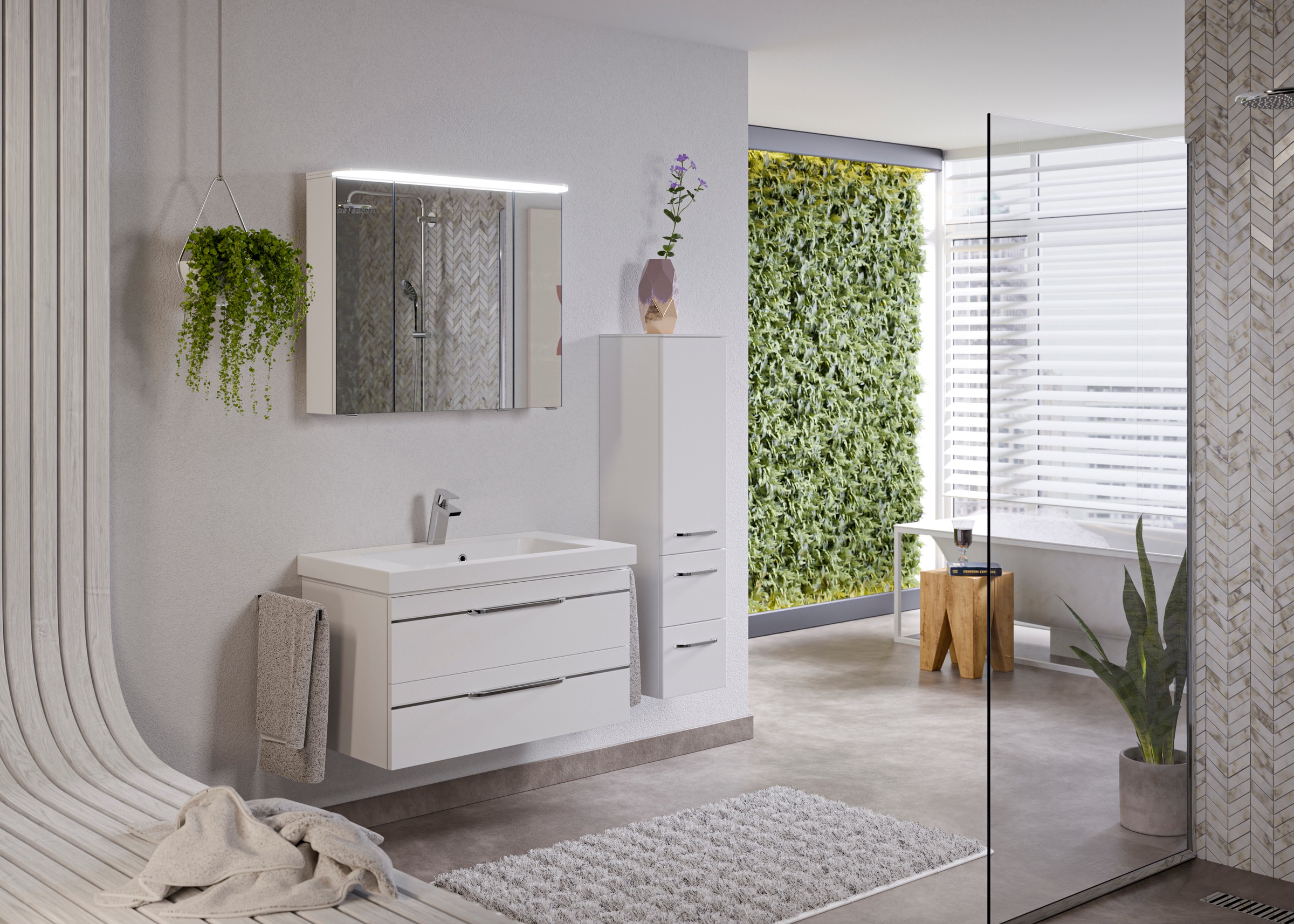 Saphir Badmöbel-Set »Balto Sprint 3-teilig, Mineralmarmor-Waschtisch mit LED-Spiegelschrank«, (4 St.), Badezimmer Set mit Midischrank, inkl Türdämpfer, 4 Türen, 4 Schubladen