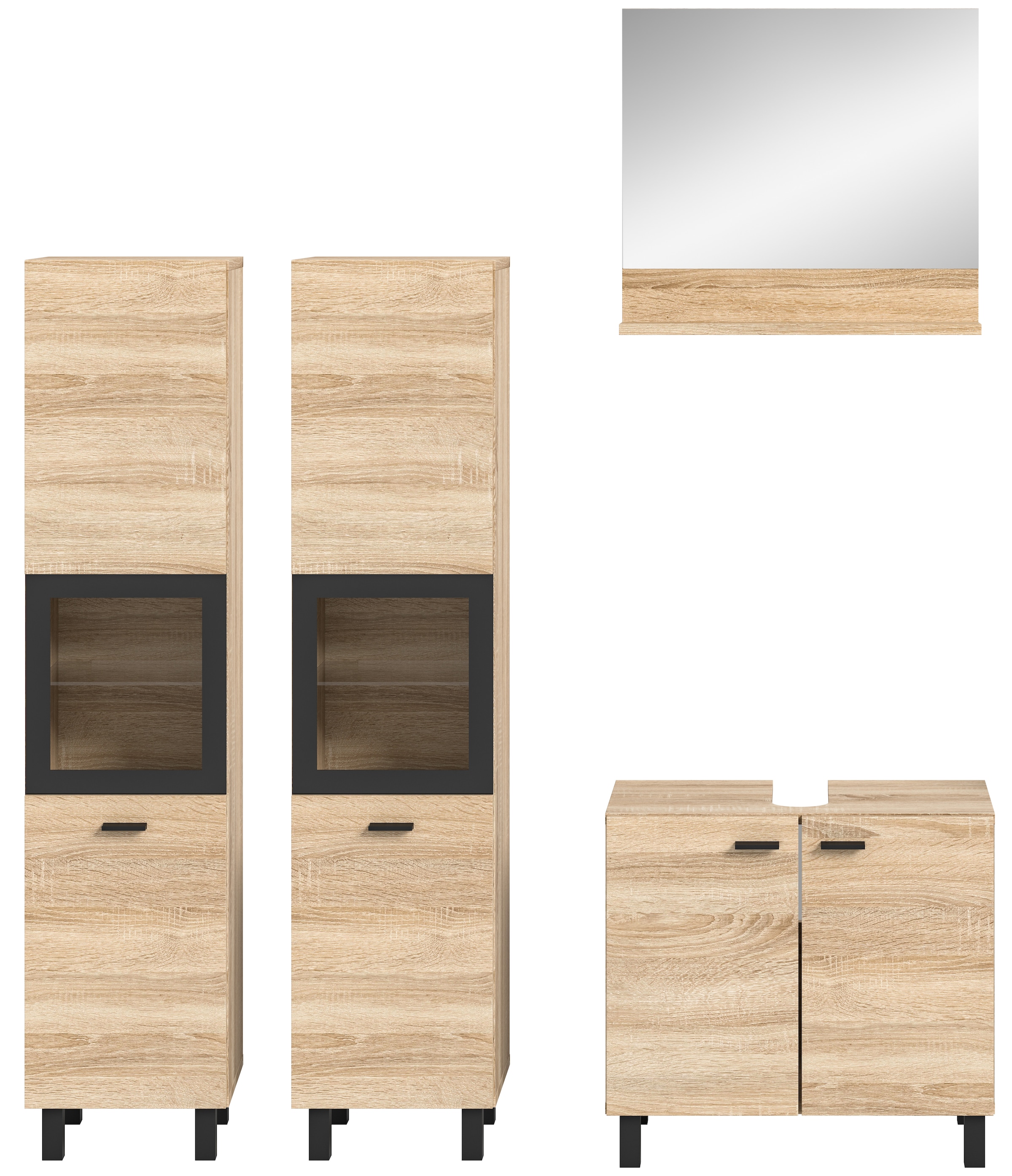 welltime Badmöbel-Set »Tampa, Breite 137cm, 4-teilig«, (4 St.), Waschbeckenunterschrank, Spiegel, Hochschrank