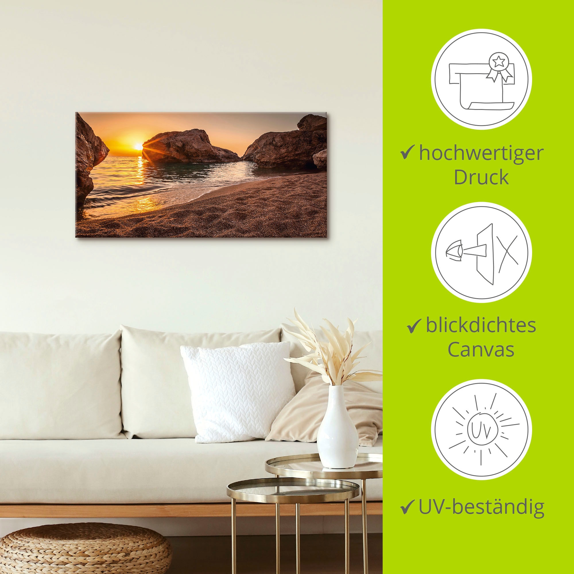 Artland Wandbild »Sonnenuntergang und Strand«, Strand, (1 St.), als Alubild, Outdoorbild, Leinwandbild, Poster, Wandaufkleber