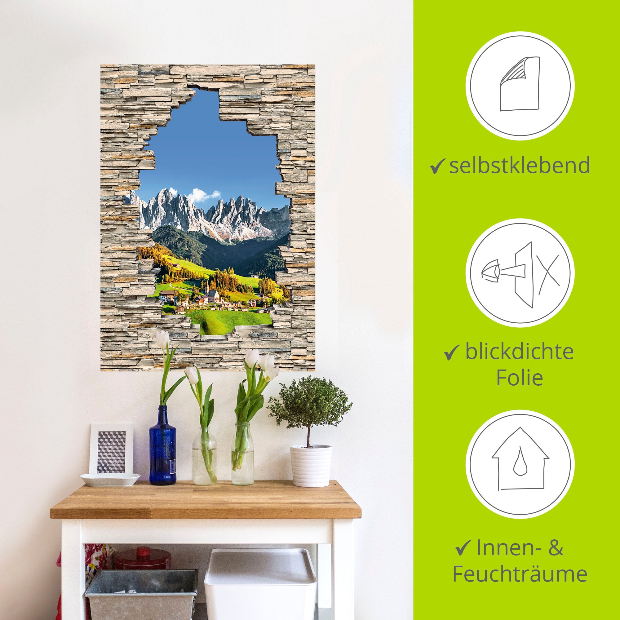 Artland Wandbild »Alpen Berge Santa Maddalena Stein Mauer«, Berge & Alpenbilder, (1 St.), als Alubild, Outdoorbild, Wandaufkleber in verschied. Größen