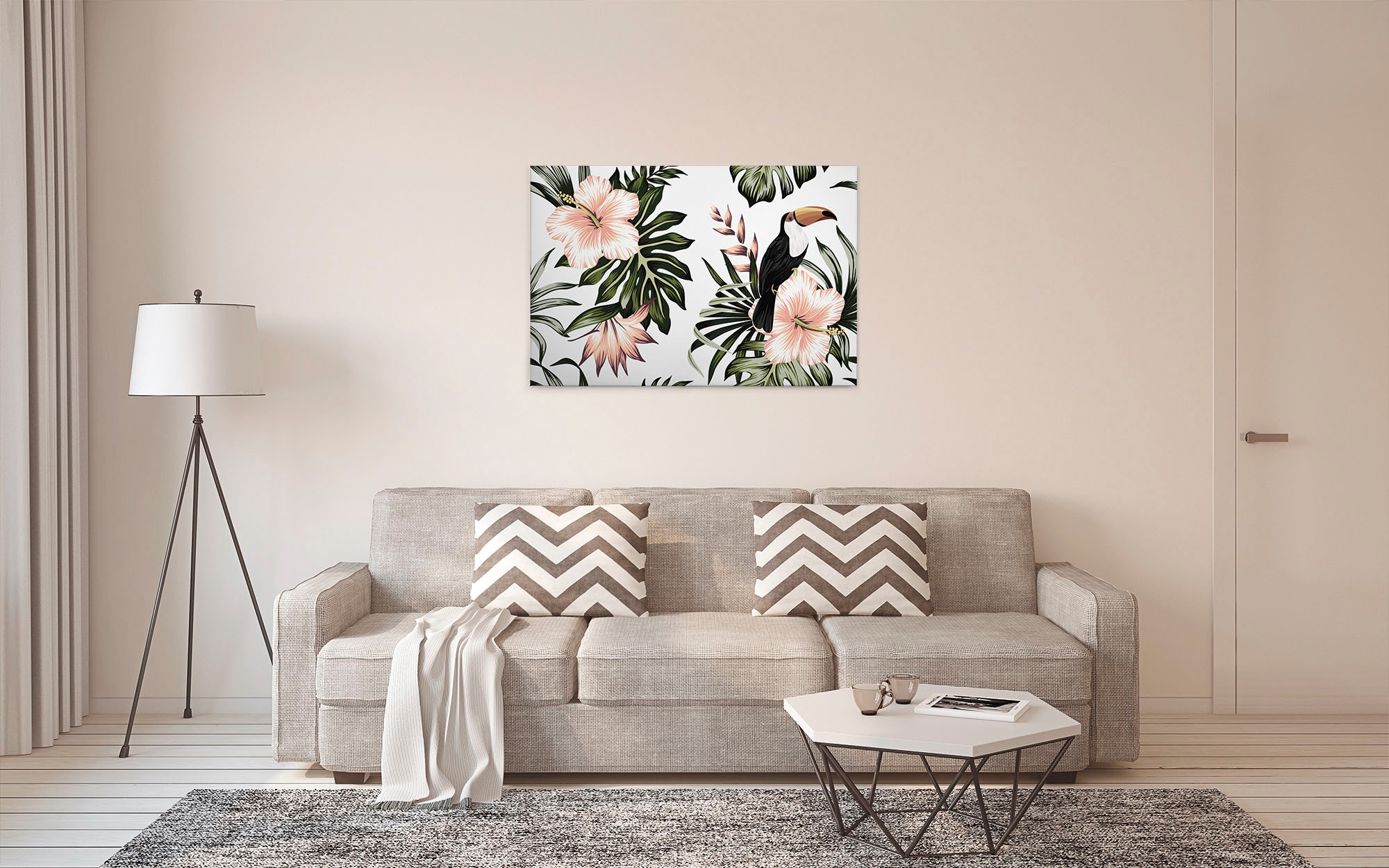 A.S. Création Leinwandbild »Toucan«, Kunst-Blumen-Kinder, (1 St.), Palmenblätter Hibiskus Dschungel Keilrahmen Leinwand-Bild Wohnzimmer