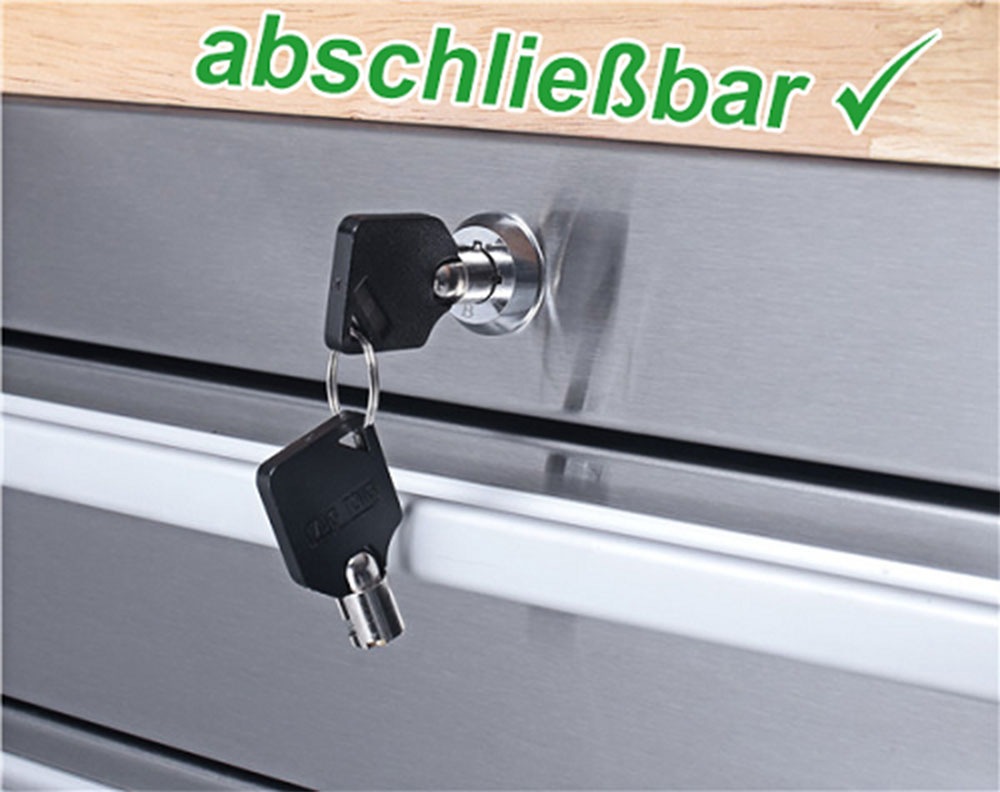 ONDIS24 Werkstattwagen »Werkzeugwagen aus Edelstahl mit 1 Tür 10 Schubladen« fahrbar, kugelgelagerten Schubladen, abschließbar, Massivholzplatte