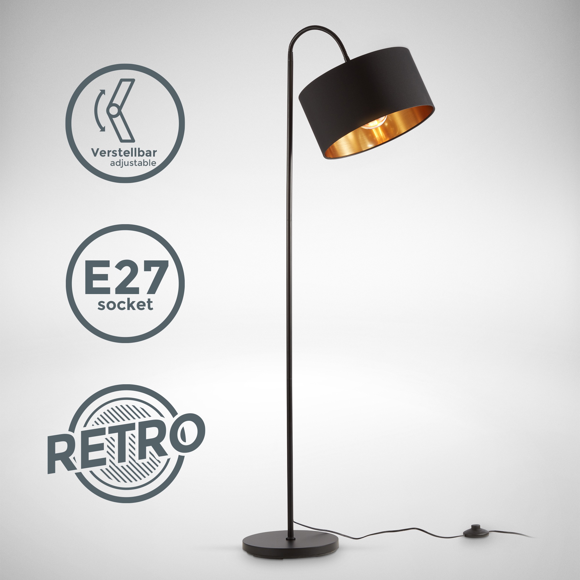 B.K.Licht Stehlampe »BKL1419 Stehleuchte Vintage, mit Fußtaster, Lampenschirm aus Stoff«, 1 flammig, Leuchtmittel E27 | ohne Leuchtmittel, max. 40 Watt, Wohnzimmerlampe, Industrial, 25x145 cm, Schwarz-Gold