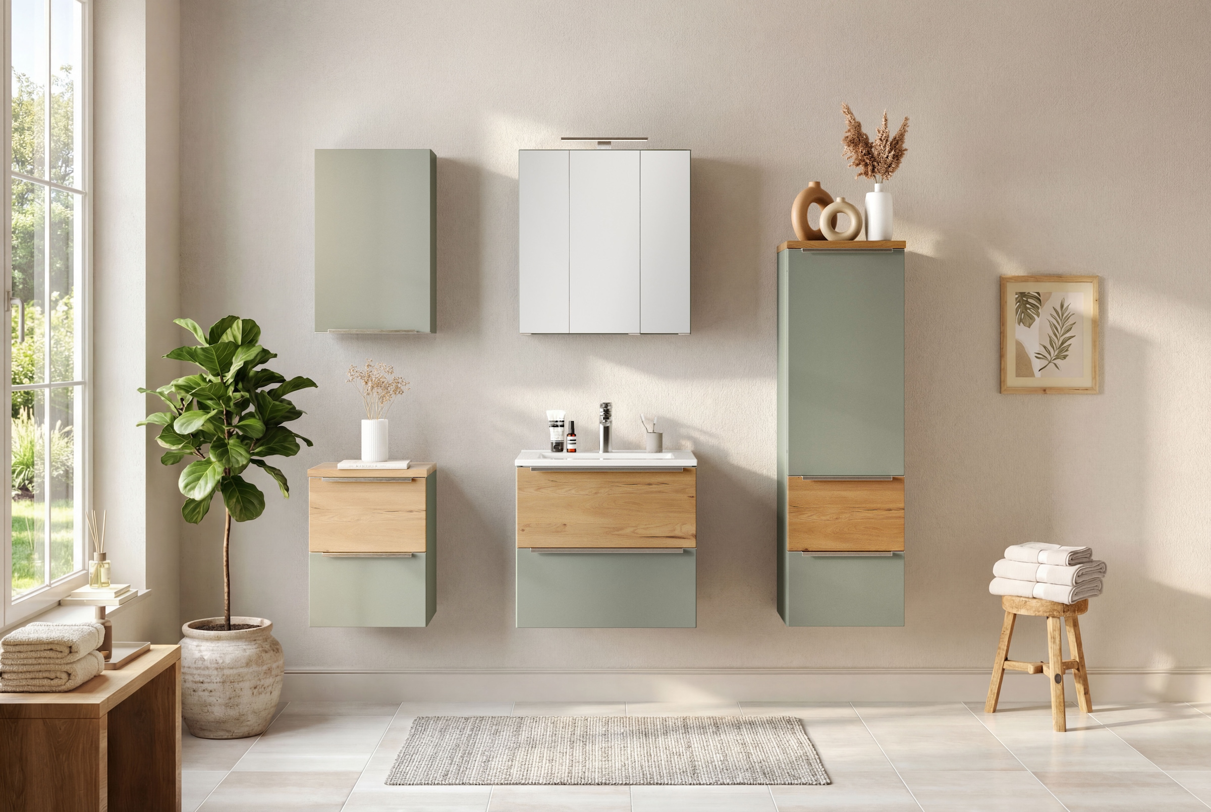 welltime Midischrank »TRIENT, Midischrank 40 cm, Softclose-Auszüge und gedämpfte Scharniere« Maße (B/H/T): ca. 40/130/35 cm,  Schilfgrün/Wildeiche, Softclose-Metallauszüge