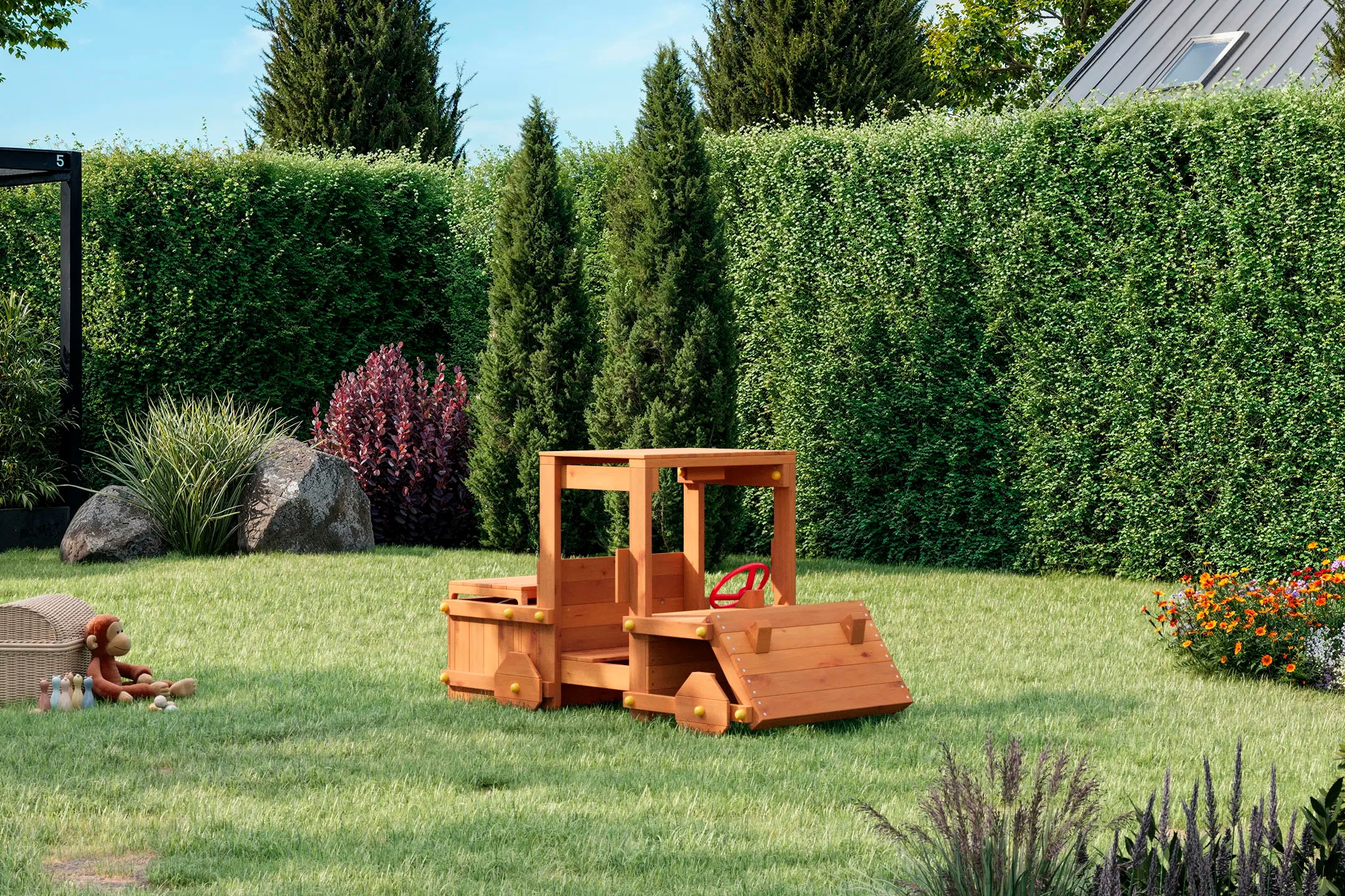 FUNGOO Spielturm »Garden Buggy, Spielgerät mit kreativem Autokofferraum und Holzdach«, Made in Europe