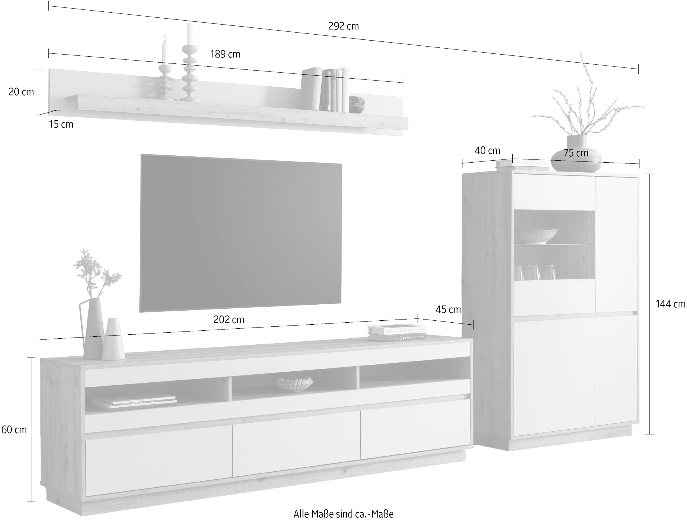 Home affaire Wohnwand »Sonora, moderne Anbauwand, Komplettset in Kaschmir/Eiche« Komplett-Set, 3 Stk. tlg.