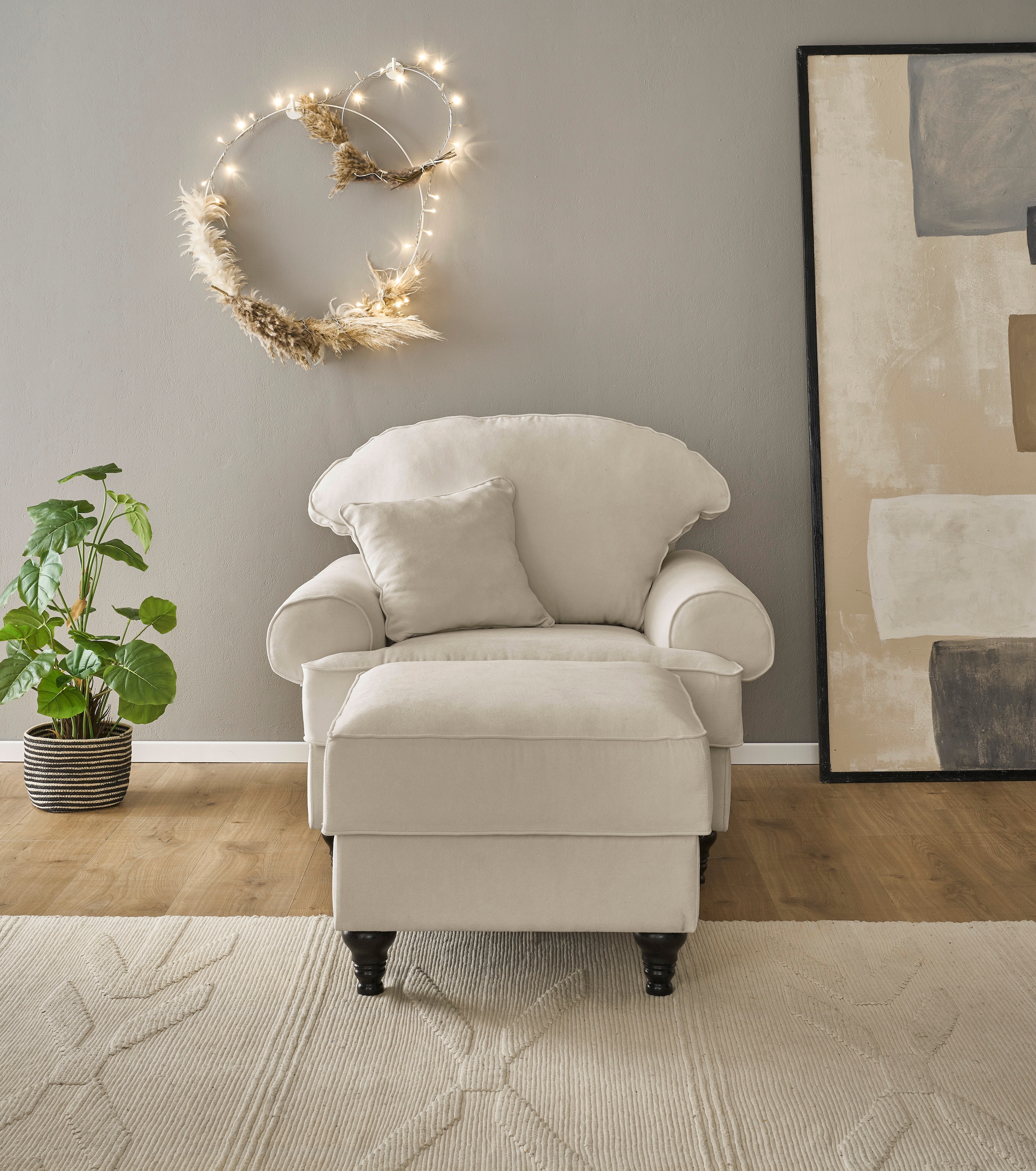 OTTO home Sessel »Westminster, Set in hochwertigem Microfaserbezug, 5 Farben verfügbar« Set, 1Sessel, 1 Hocker, 2 Stk. tlg. Enthält Sessel & Hocker, Federkern-Polsterung, gedrechselter Fuß