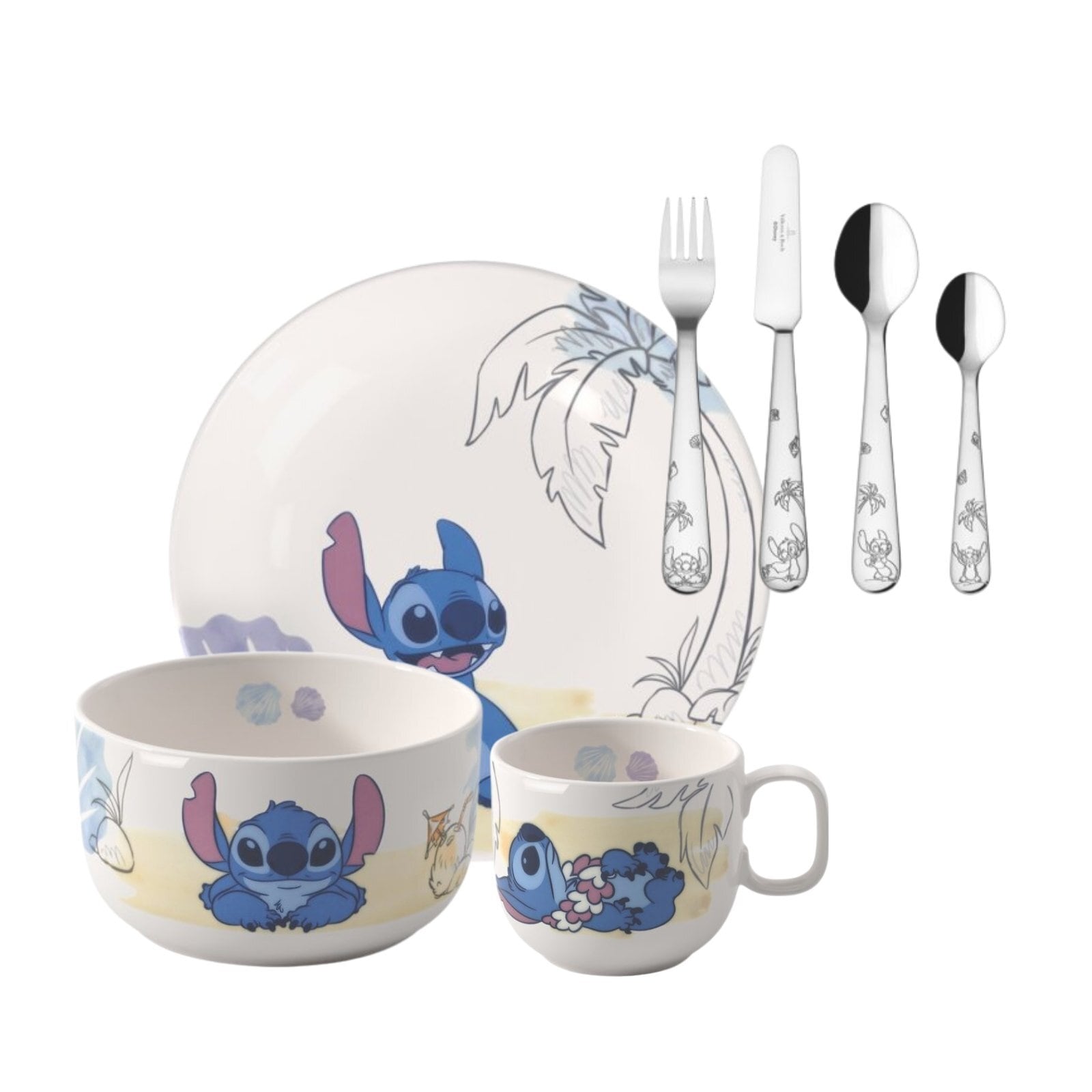 Villeroy & Boch Kindergeschirr-Set "Kindergeschirr-Set Disney Stitch 7er Set bunt" Spülmaschinenfest, Mikrowellensicher