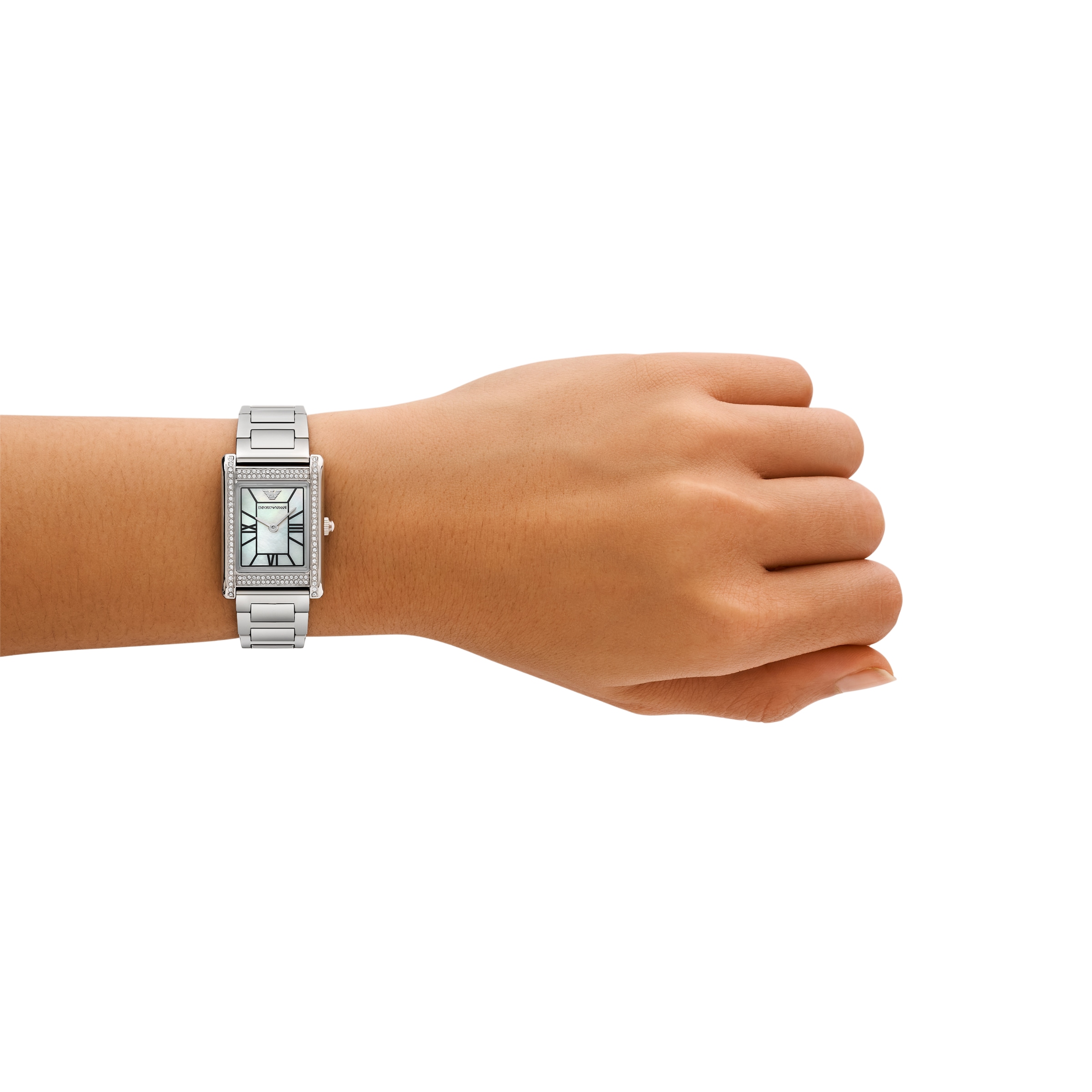 Emporio Armani Quarzuhr Armbanduhr, Damenuhr, Edelstahlarmband, analog, Glassteine