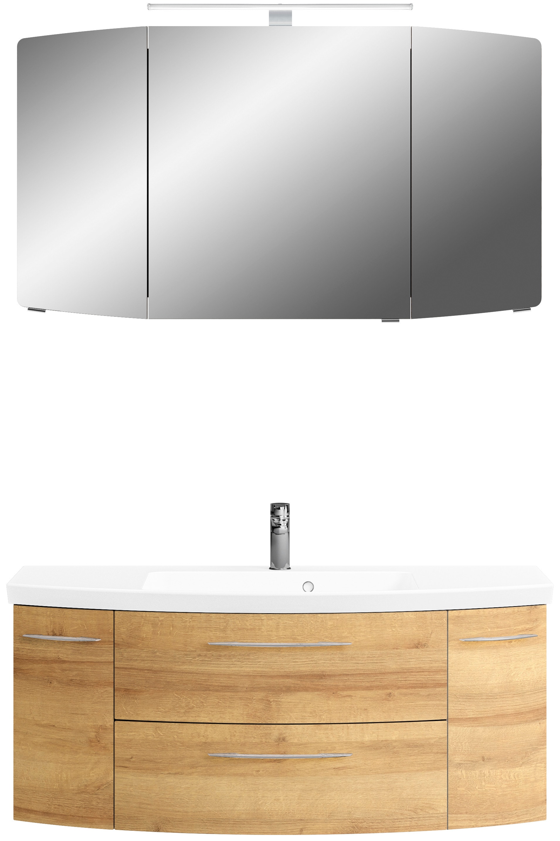 Saphir Badmöbel-Set »Cassca Sprint 2-teilig Mineralmarmor-Waschtisch mit LED-Spiegelschrank«, (2 St.), Waschplatz 121 cm breit mit 5 Türen, 2 Schubladen, inkl. Türdämpfer
