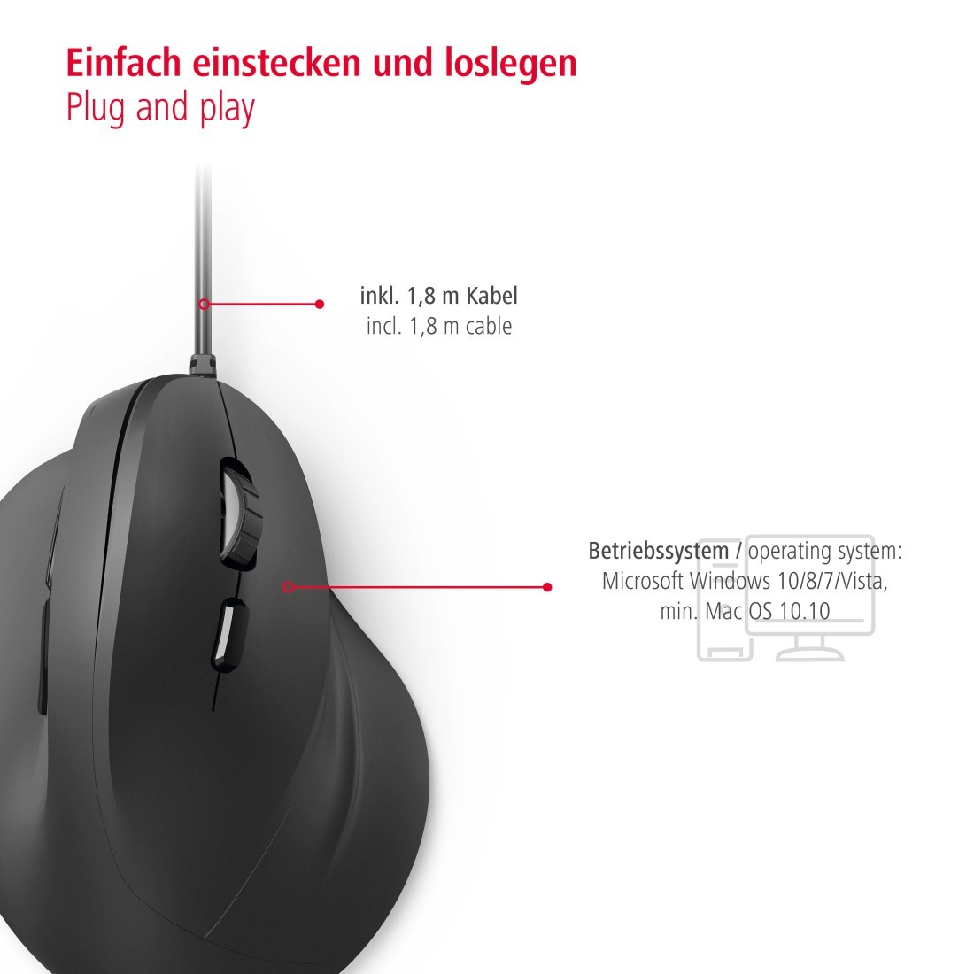 Hama ergonomische Maus »Ergonomische vertikale Maus für PC Laptop, mit Kabel, 1,8 m, Schwarz«, USB-kabelgebunden, Vorbeugung Tennisarm/Mausarm