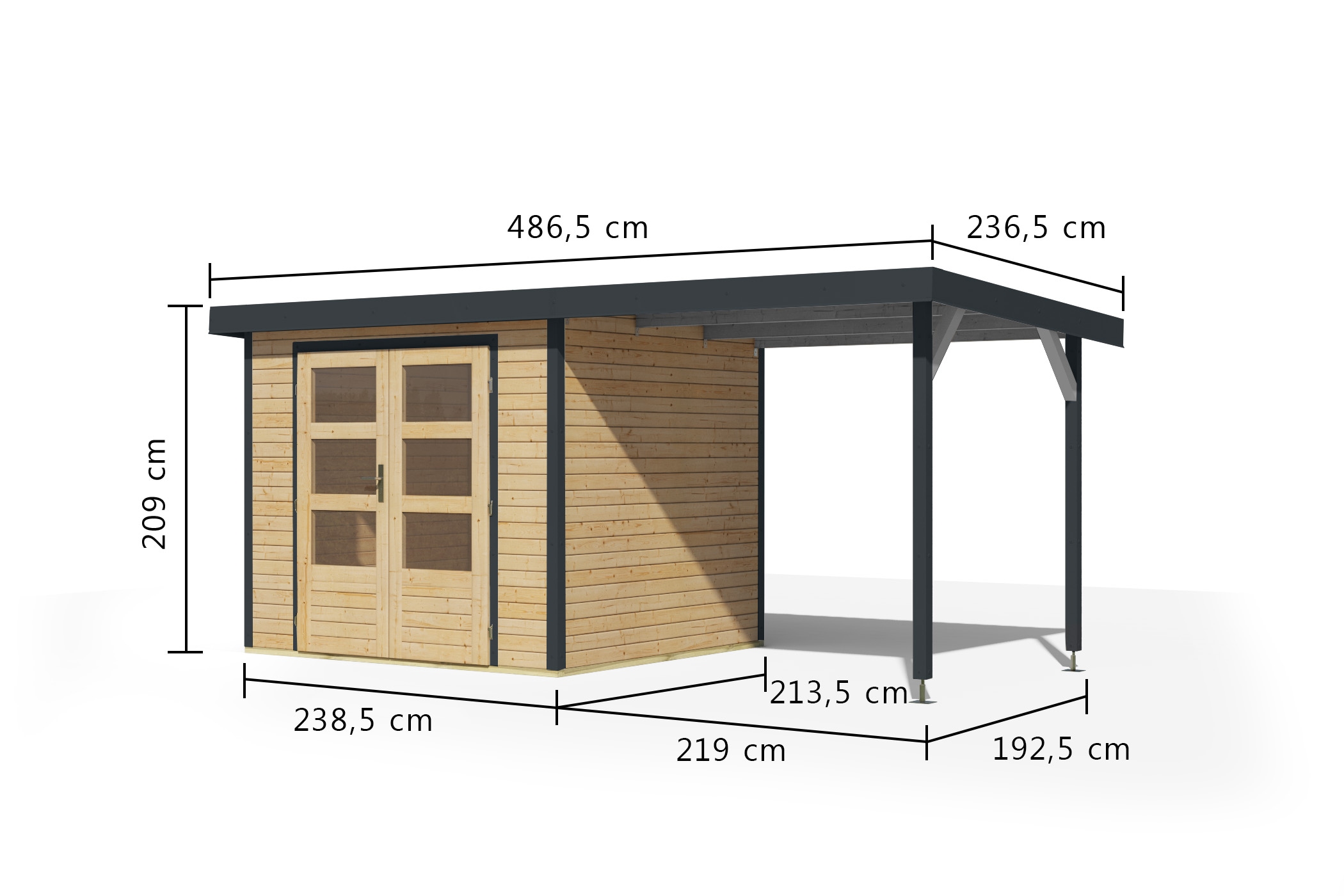 Karibu Gartenhaus »"Jupiter 3 A" SET naturbelassen, mit Anbaudach 2,35 m breit«, hochwertige Materialien: nordische Fichte, Stahlecken, Trapezblechdach