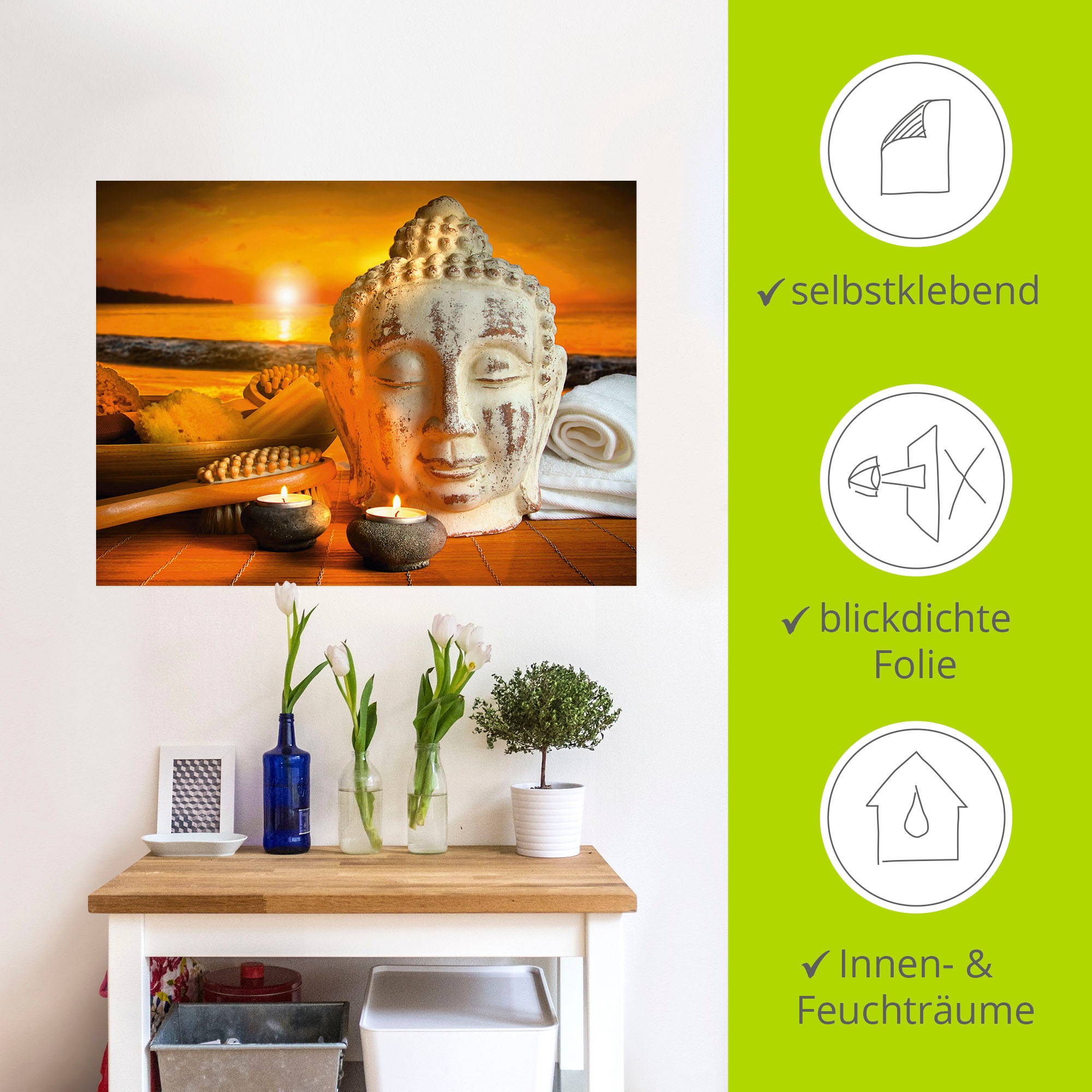 Artland Wandbild »Bad-Zubehör mit Buddha-Statue«, Religion, (1 St.), als Alubild, Outdoorbild, Leinwandbild, Wandaufkleber, versch. Größen