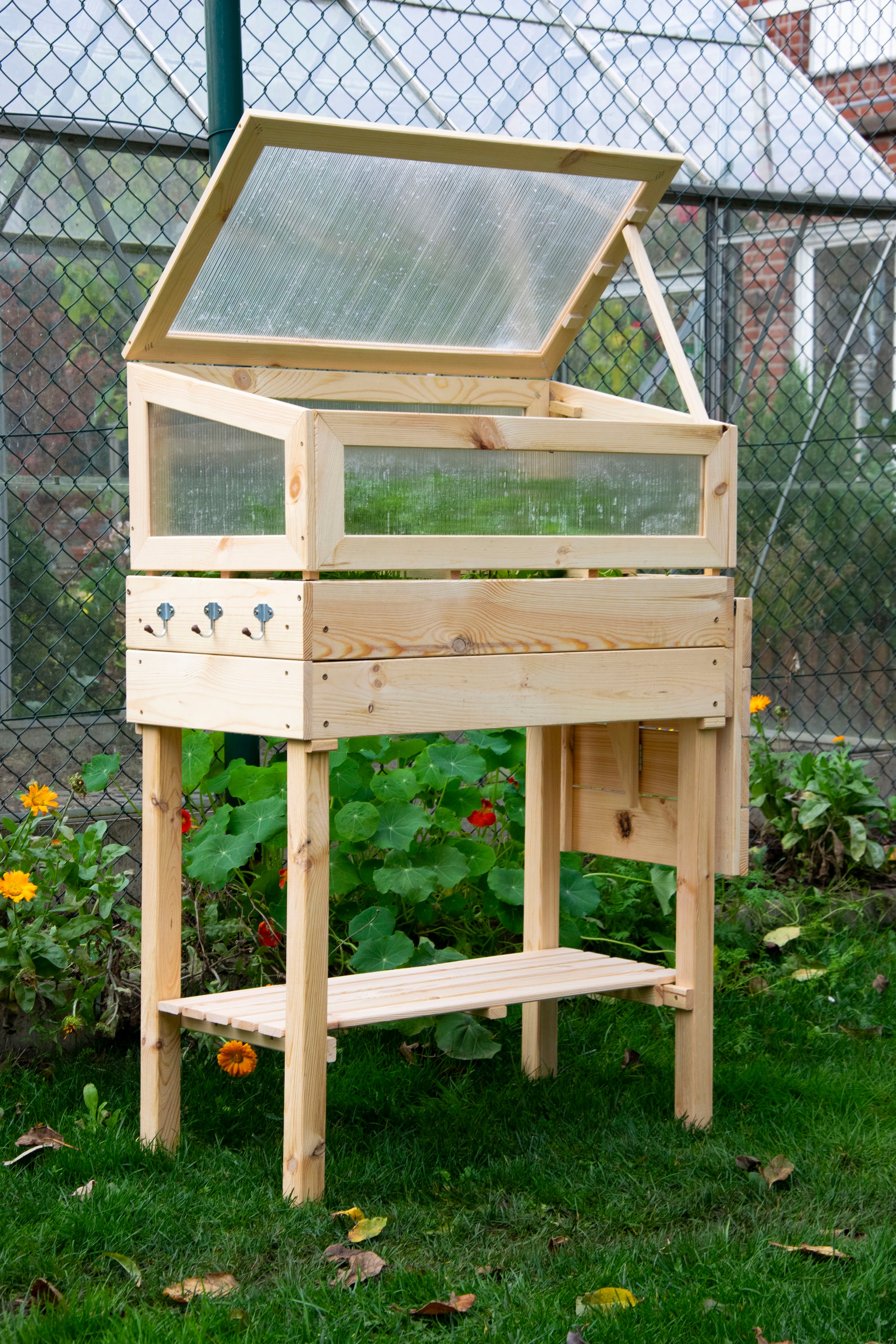 dobar Hochbeet erhöhtes Frühbeet mit Tisch & Haken, Gr. M, Kiefer