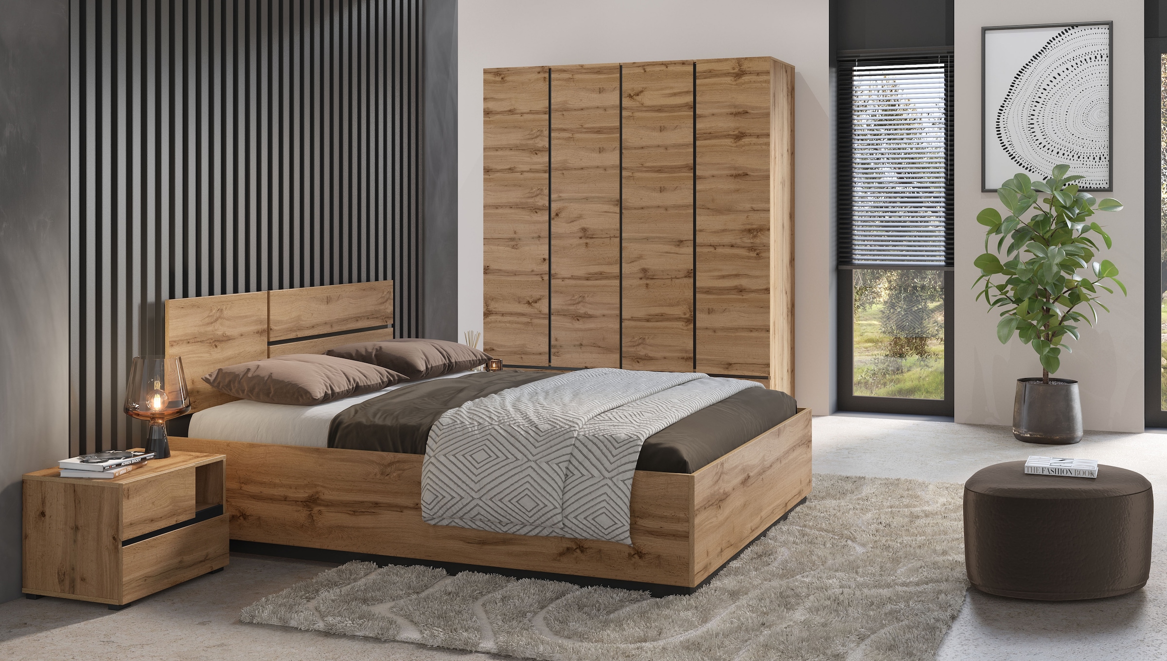 INOSIGN Schlafzimmer-Set »Cross, moderne, grifflose Optik, FSC-zertifiziert«, (4 tlg., Bett 180x200cm, 2 Nachtkommoden, Schrank 2-oder 4-türig), Komplettschlafzimmer-Set