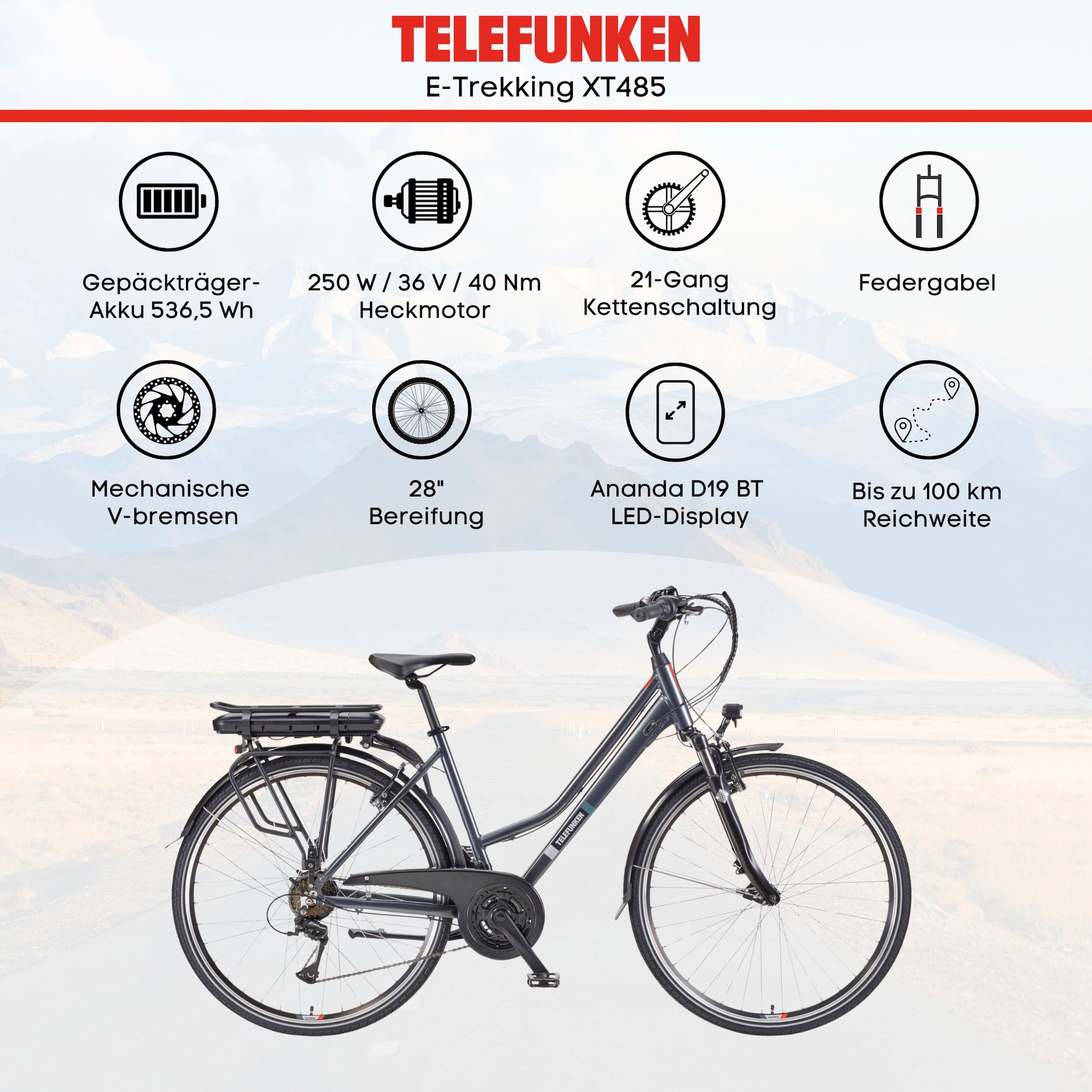 Telefunken E-Bike »E-Trekking Expedition XT485 Damen«, 21 Gang, Shimano, Acera, Heckmotor 250 W, Pedelec, Elektrofahrrad, Trekkingrad, Damen, innerhalb StVZO, 28 Zoll