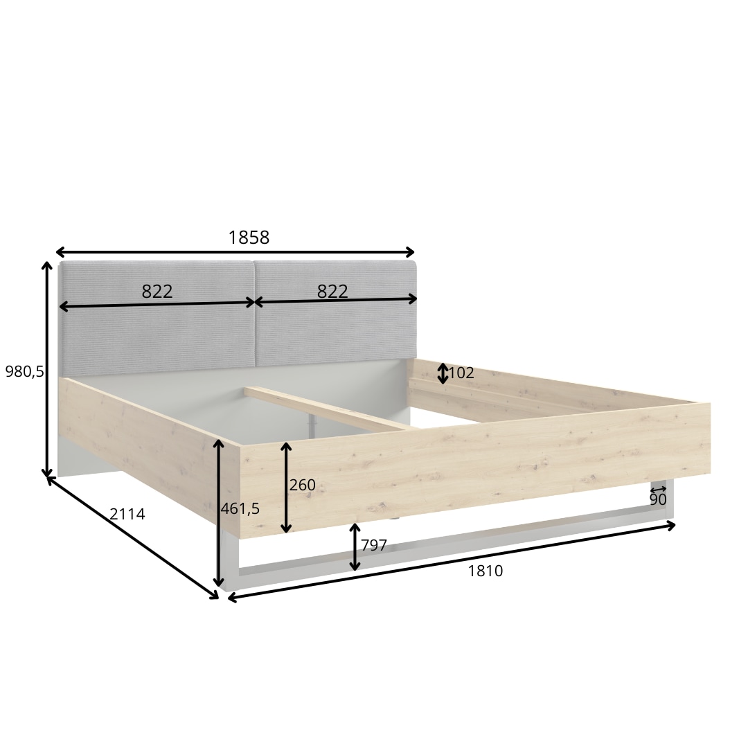 Home affaire Polsterbett »Bett Loreto, Maße: B/T/H 185,5/211/98 cm«, Bett 180x200 cm mit gepolstertem Kopfteil