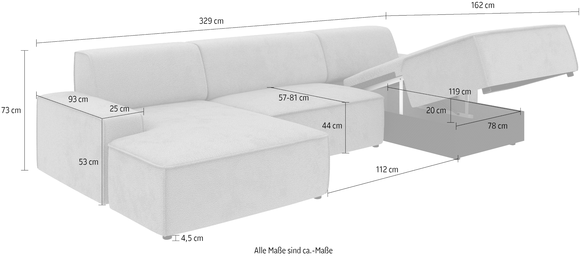 TRENDMANUFAKTUR Wohnlandschaft »Graz, wahlweise mit Sitzvorschub und Bettkasten, U-Form, Breite 329 cm«, in Cord-, haustierfreundlichem LEO Struktur- oder LUMOS-3D-Bezug