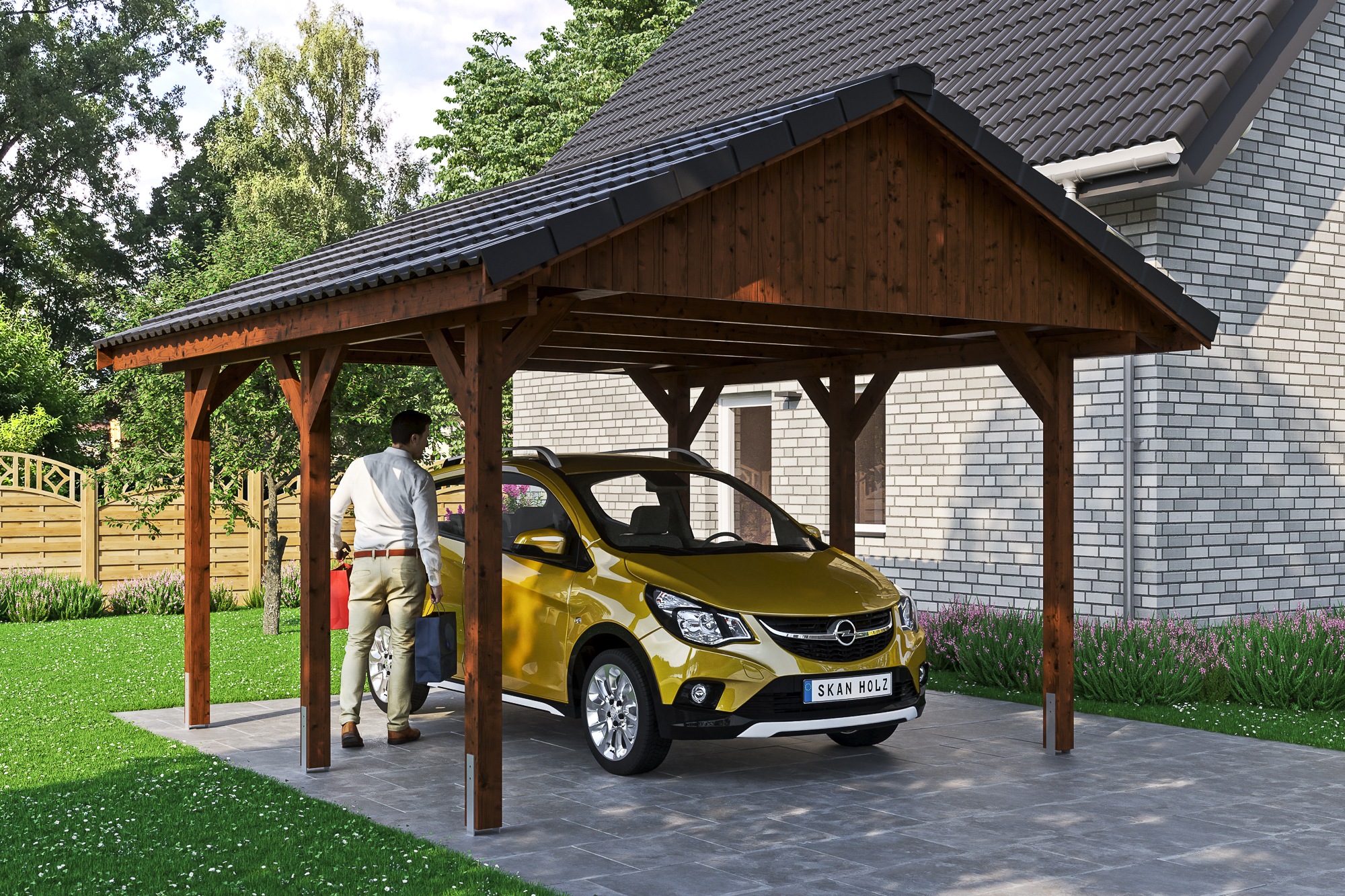 Skanholz Einzelcarport "Wallgau" Massivholz 340 cm Nussbaum mit Dachlattung