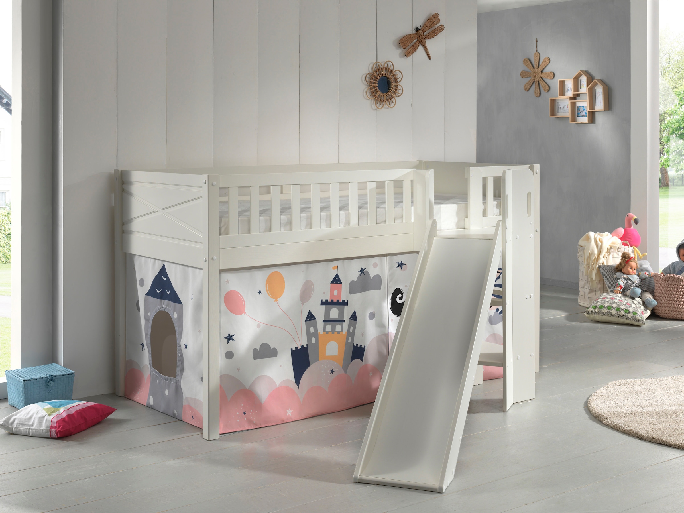 Vipack Hochbett »Scott«, (Made in Europe), m. Rutsch-/Leiterturm, LF 90x200 cm, Vorhang, Tunnel, 7 Designs