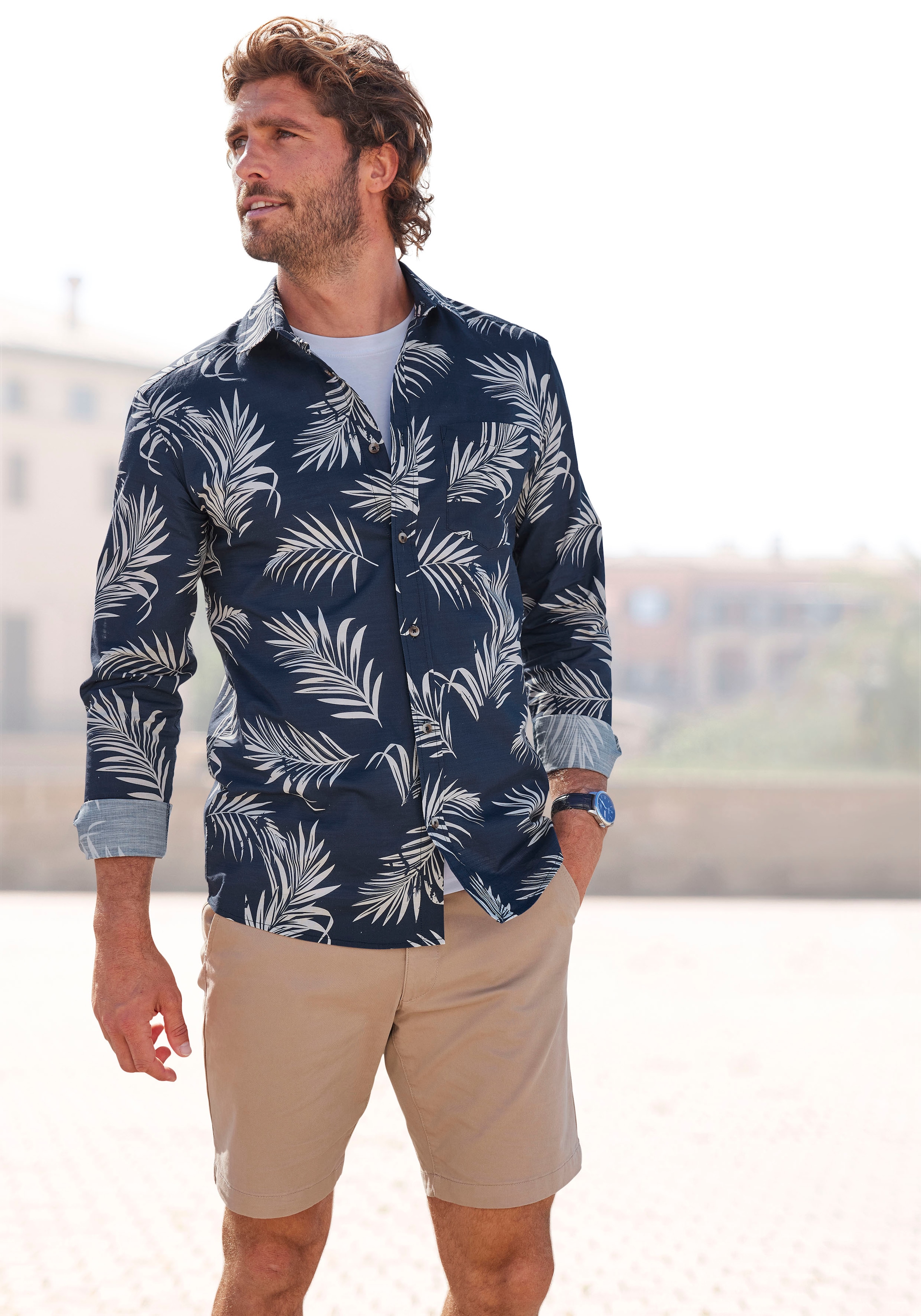 John Devin Hawaiihemd "Regular Fit,", Langarm, Freizeithemd mit Palmenprint aus reiner Baumwolle