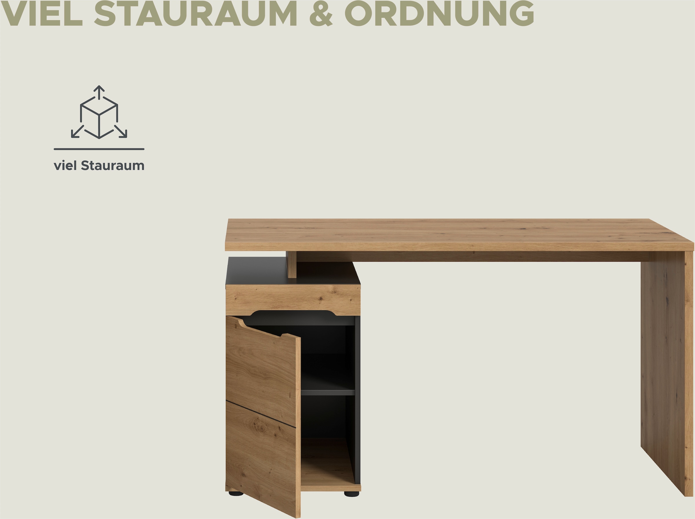 Home affaire Schreibtisch »REHAT, Bürotisch, Computertisch, Laptoptisch« bietet viel Stauraum für sämtliches Büromaterial,  grifflose Fronten, 1 Tür mit verstellbarem Einlegeboden, Breite: 138cm